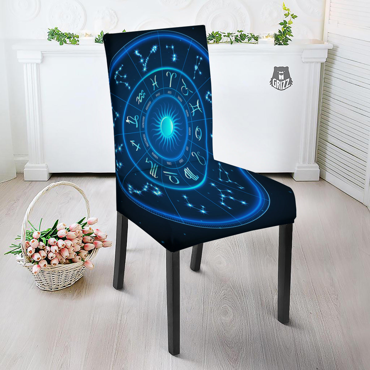 Zodiac Circle Blue Light Print Dining Chair Slipcover-grizzshop