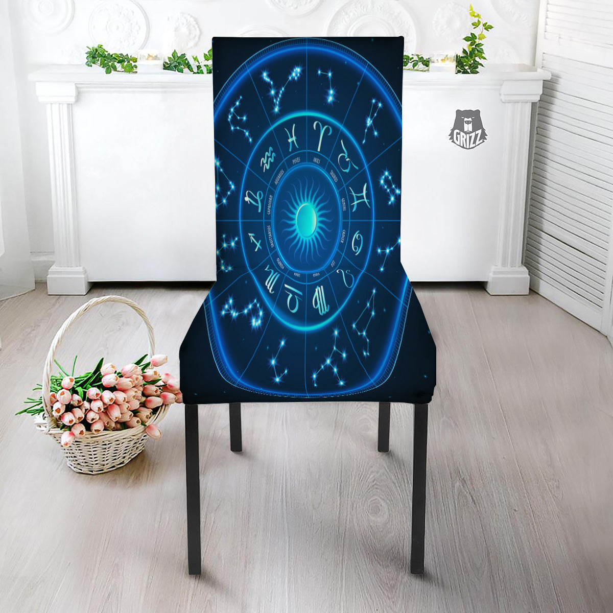Zodiac Circle Blue Light Print Dining Chair Slipcover-grizzshop