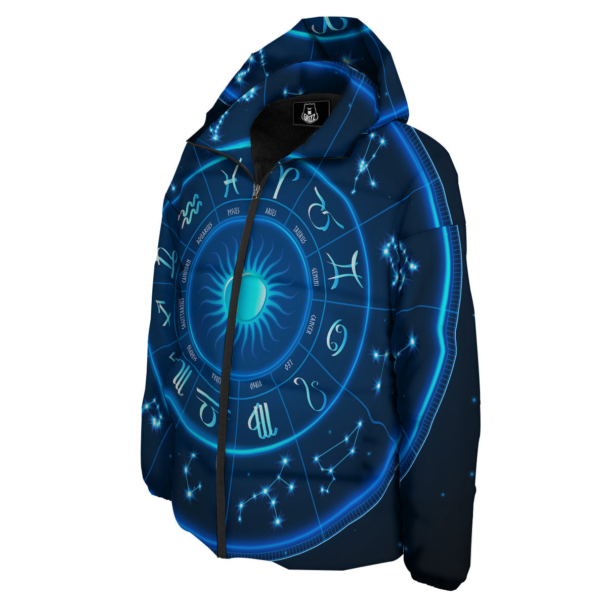 Zodiac Circle Blue Light Print Down Jacket-grizzshop