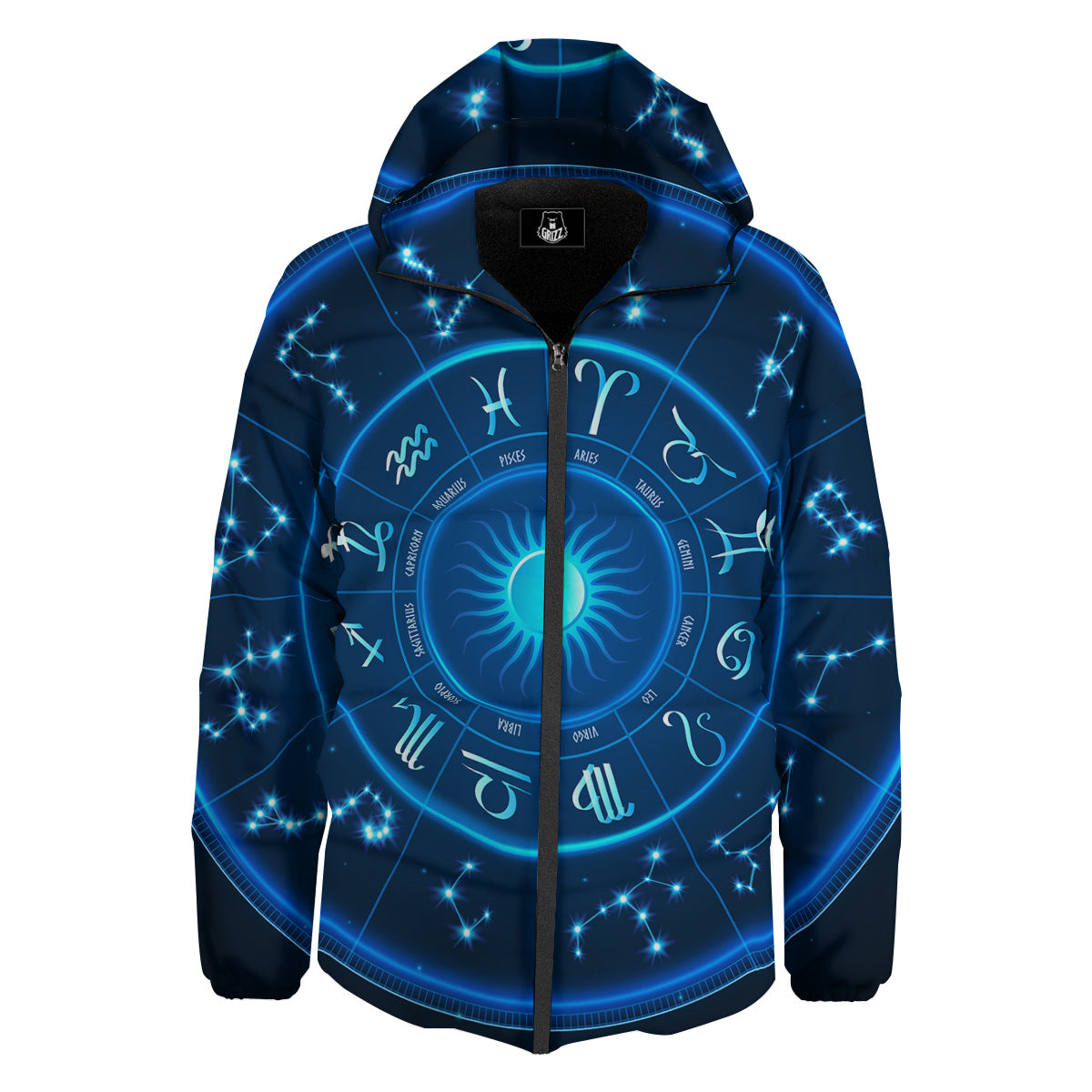 Zodiac Circle Blue Light Print Down Jacket-grizzshop