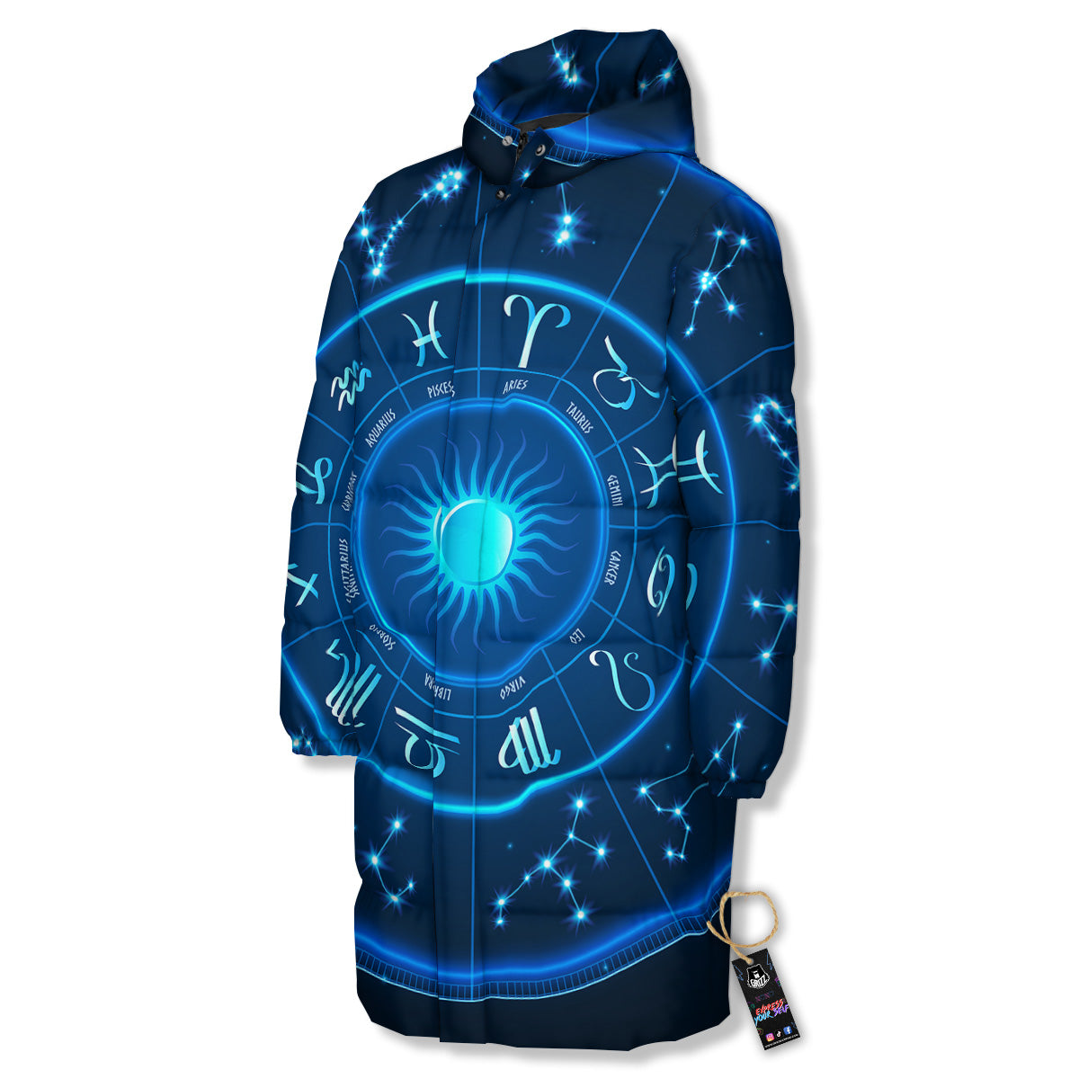 Zodiac Circle Blue Light Print Long Down Jacket-grizzshop