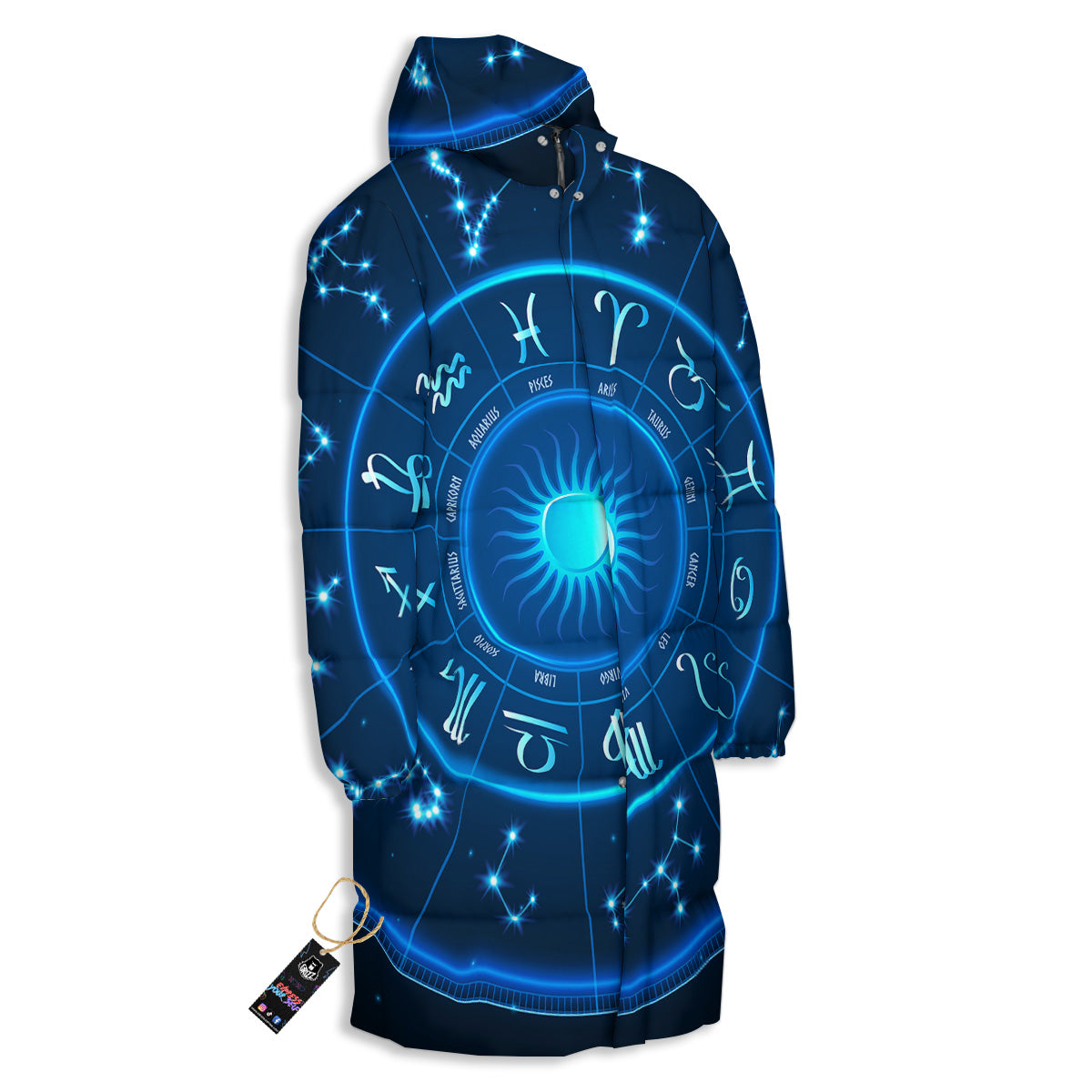 Zodiac Circle Blue Light Print Long Down Jacket-grizzshop