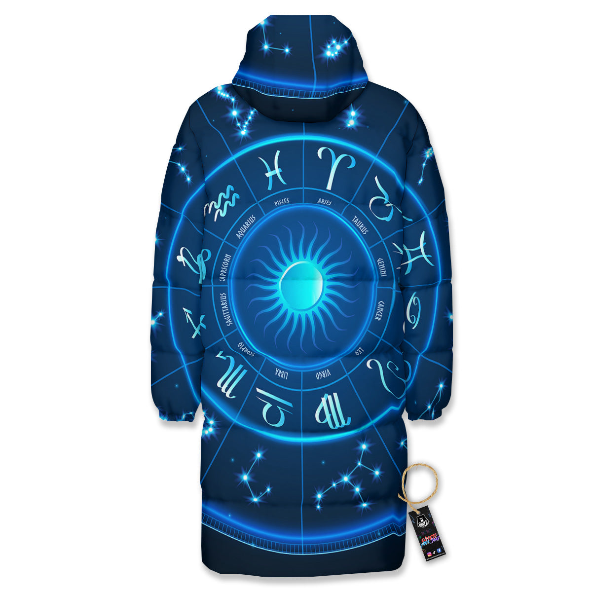 Zodiac Circle Blue Light Print Long Down Jacket-grizzshop