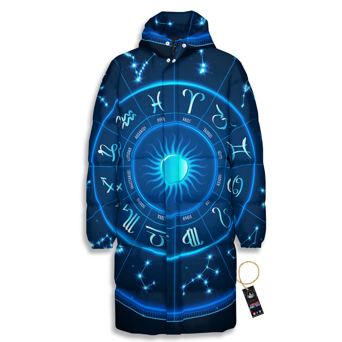 Zodiac Circle Blue Light Print Long Down Jacket-grizzshop
