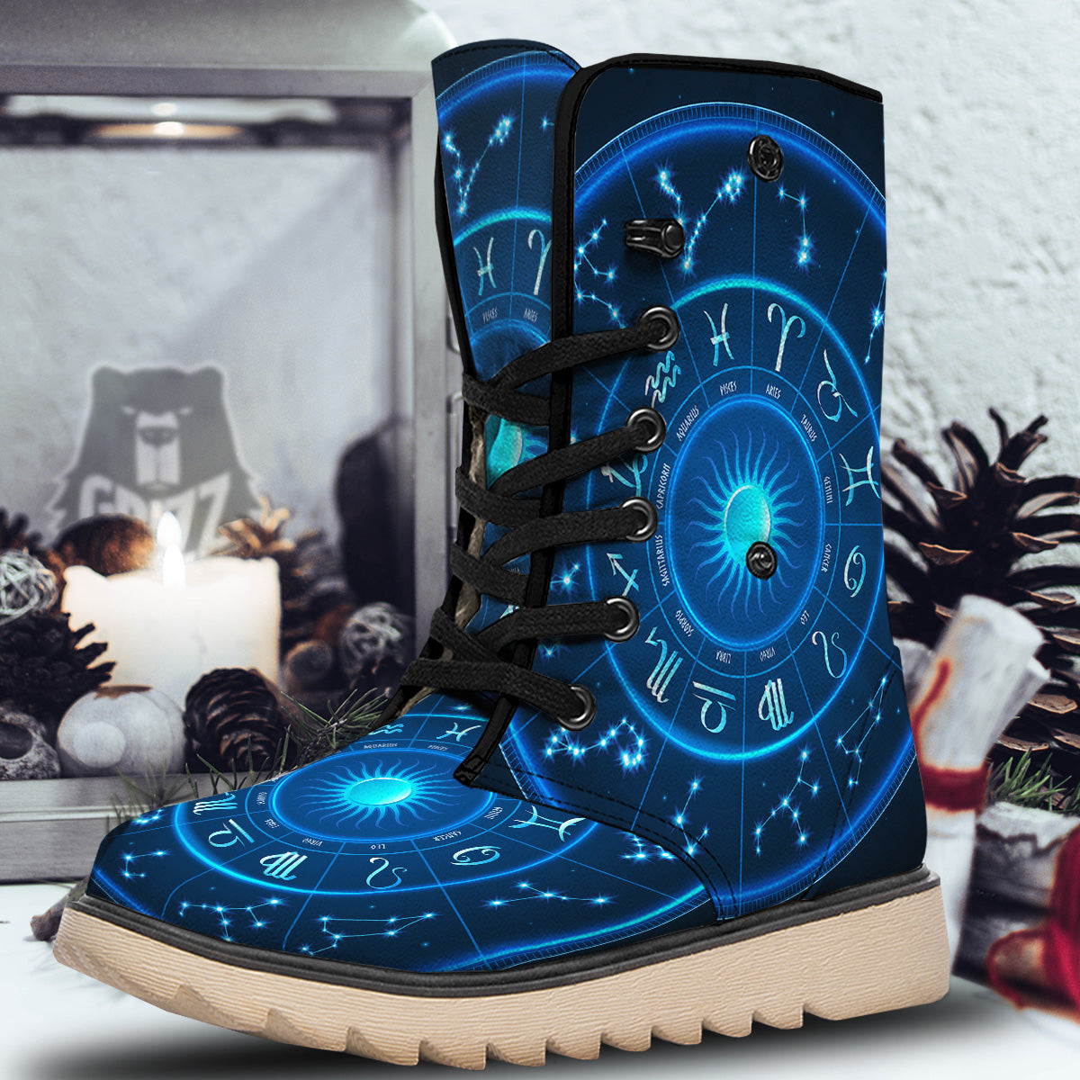 Zodiac Circle Blue Light Print Snow Boots-grizzshop