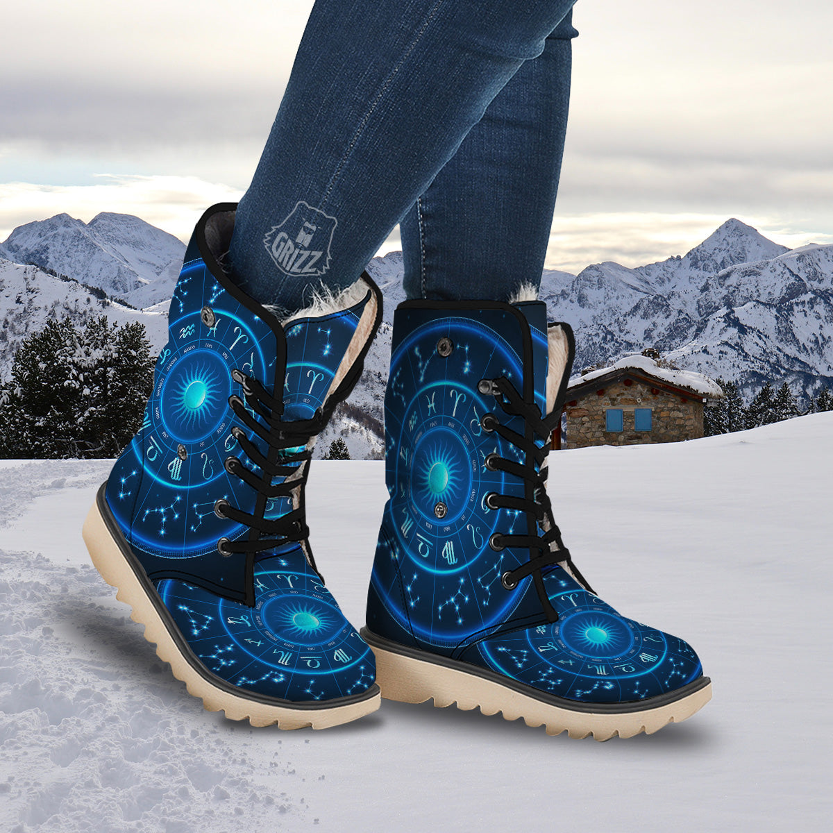 Zodiac Circle Blue Light Print Snow Boots-grizzshop
