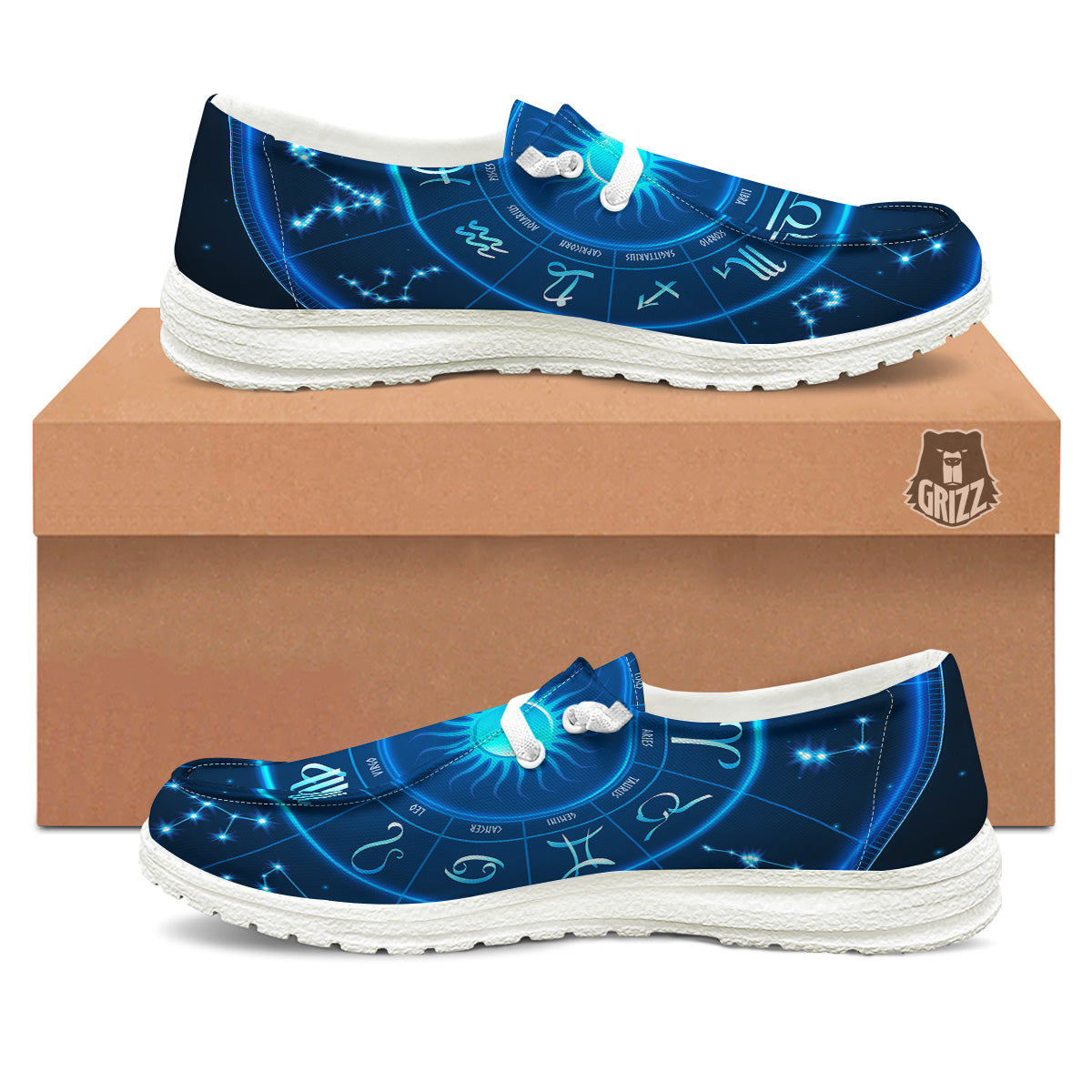 Zodiac Circle Blue Light Print White Loafers-grizzshop