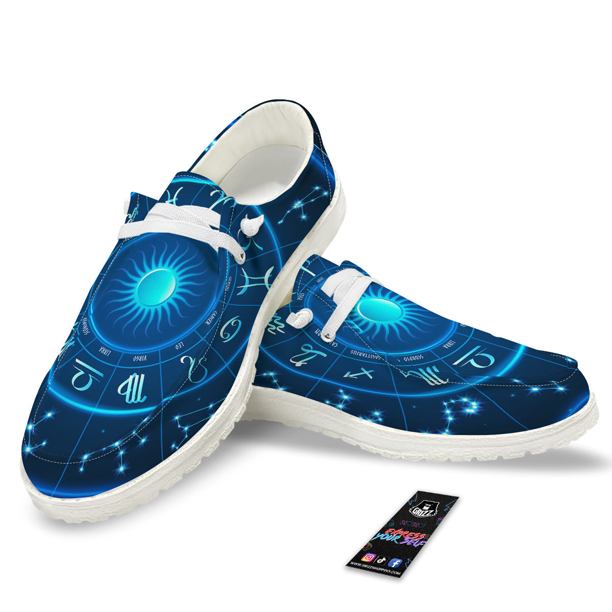 Zodiac Circle Blue Light Print White Loafers-grizzshop
