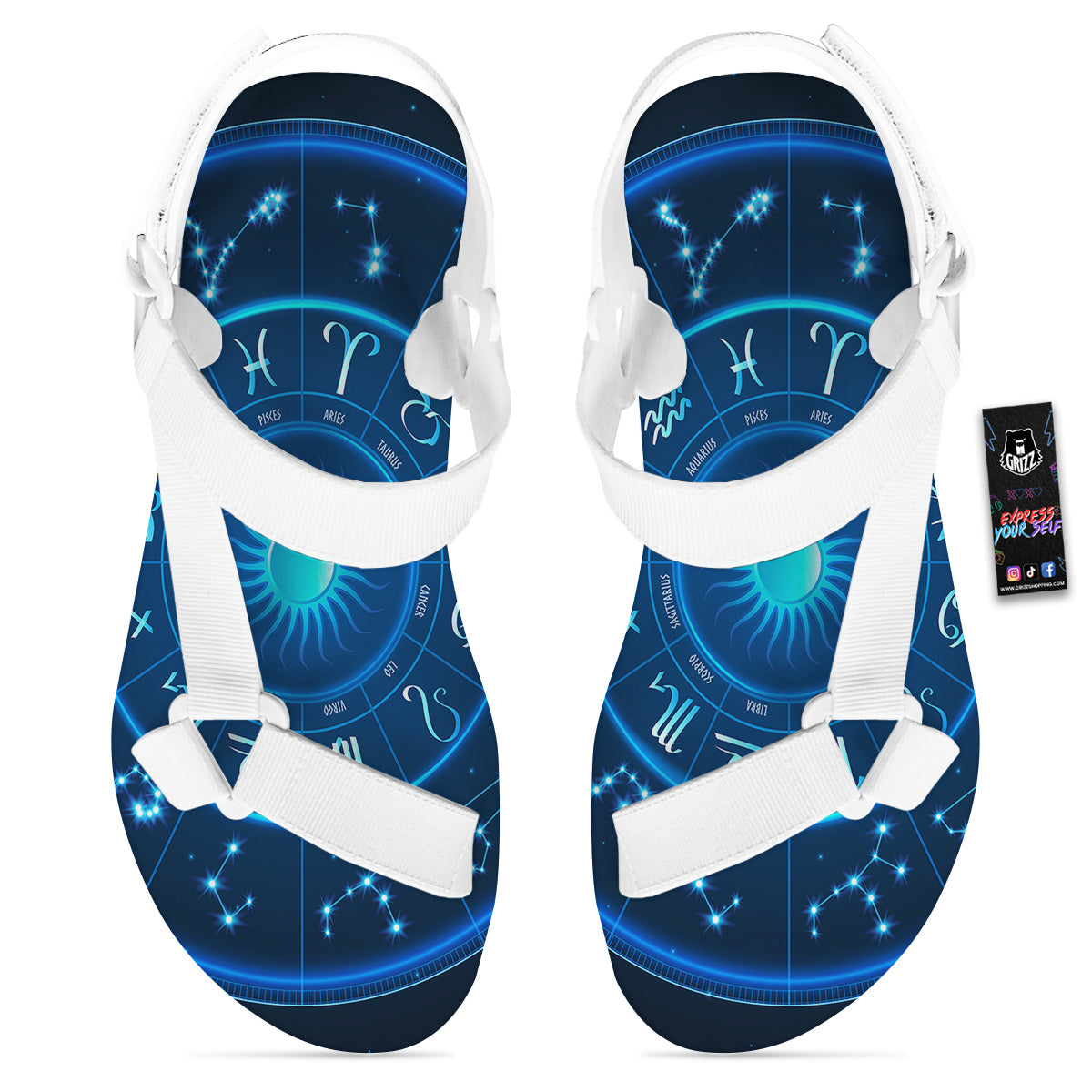 Zodiac Circle Blue Light Print White Open Toe Sandals-grizzshop