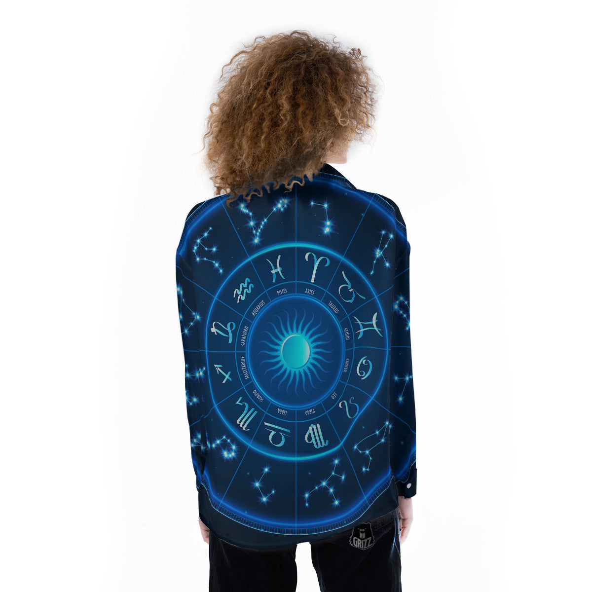 Zodiac Circle Blue Light Print Women's Long Sleeve Shirts-grizzshop