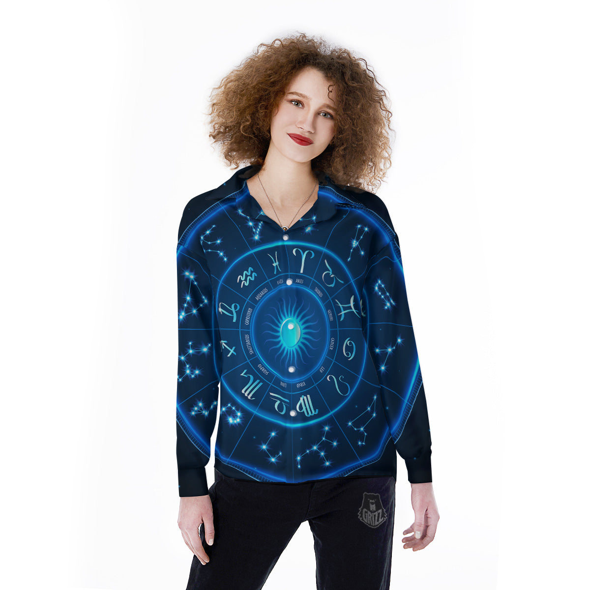 Zodiac Circle Blue Light Print Women's Long Sleeve Shirts-grizzshop