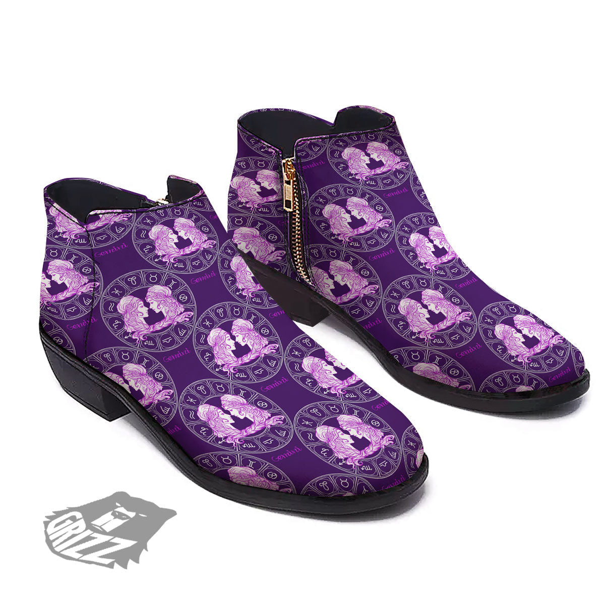 Zodiac Gemini Purple Print Pattern Ankle Boots-grizzshop