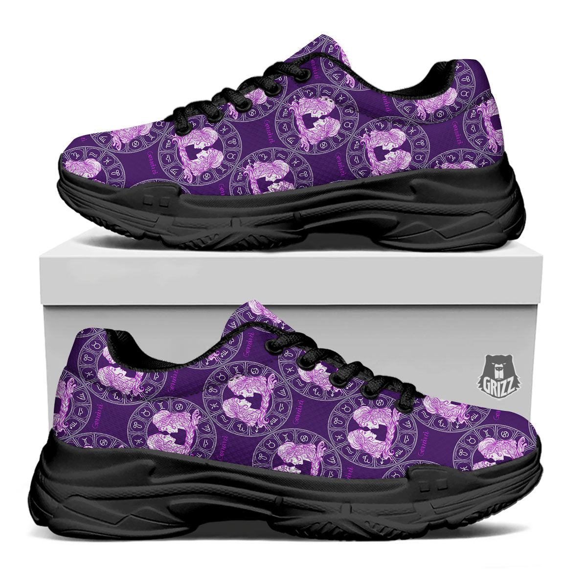 Zodiac Gemini Purple Print Pattern Black Chunky Shoes-grizzshop