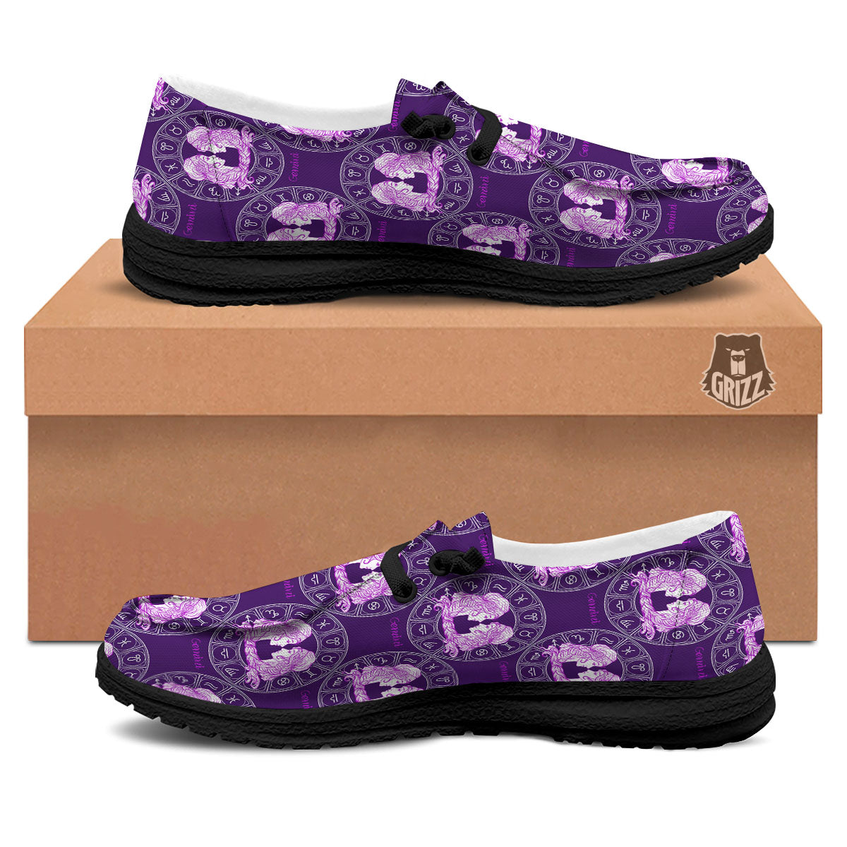 Zodiac Gemini Purple Print Pattern Black Loafers-grizzshop