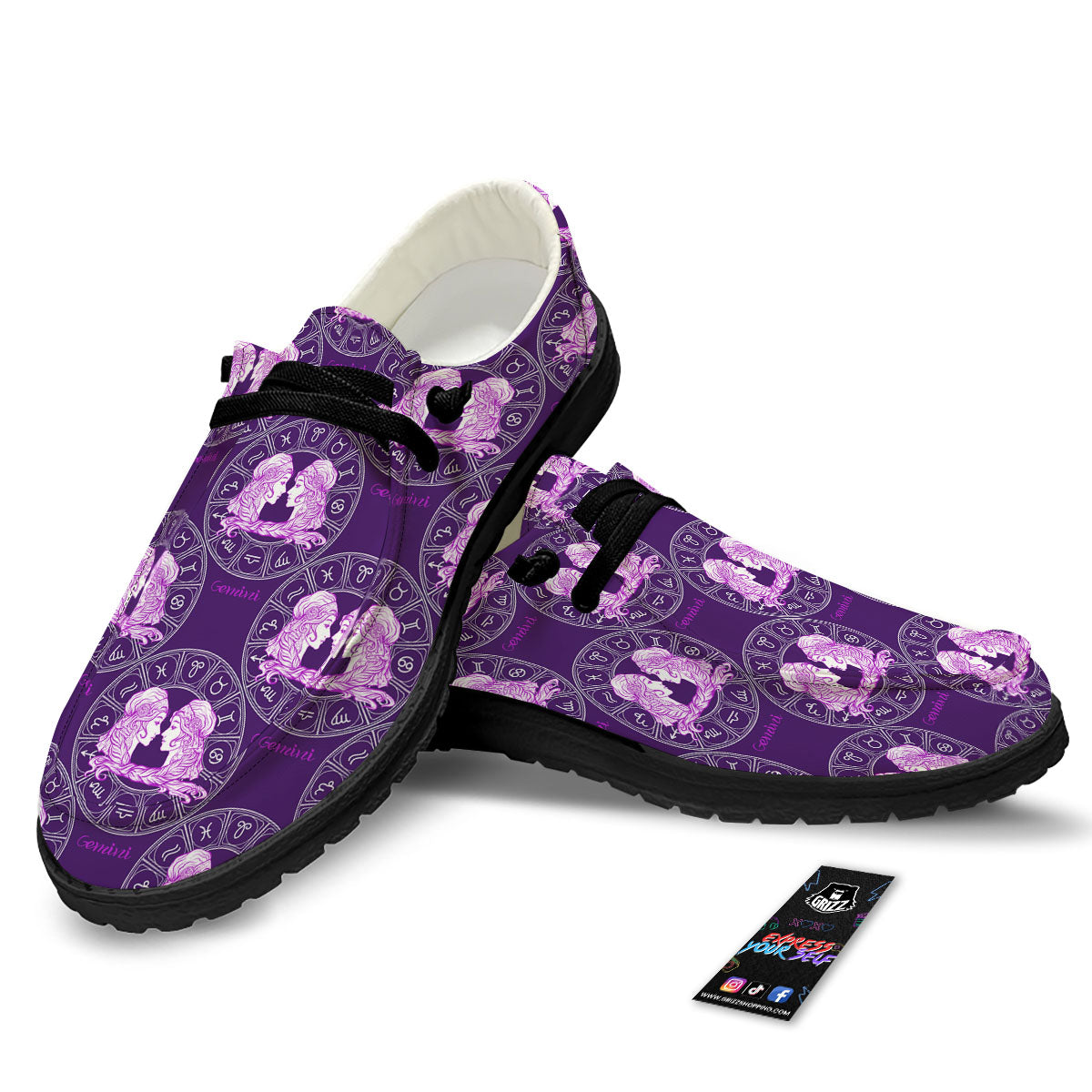 Zodiac Gemini Purple Print Pattern Black Loafers-grizzshop
