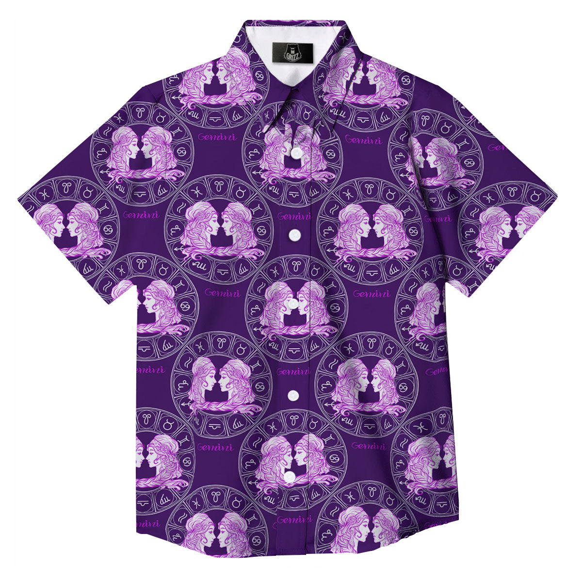 Zodiac Gemini Purple Print Pattern Button Up Shirt-grizzshop