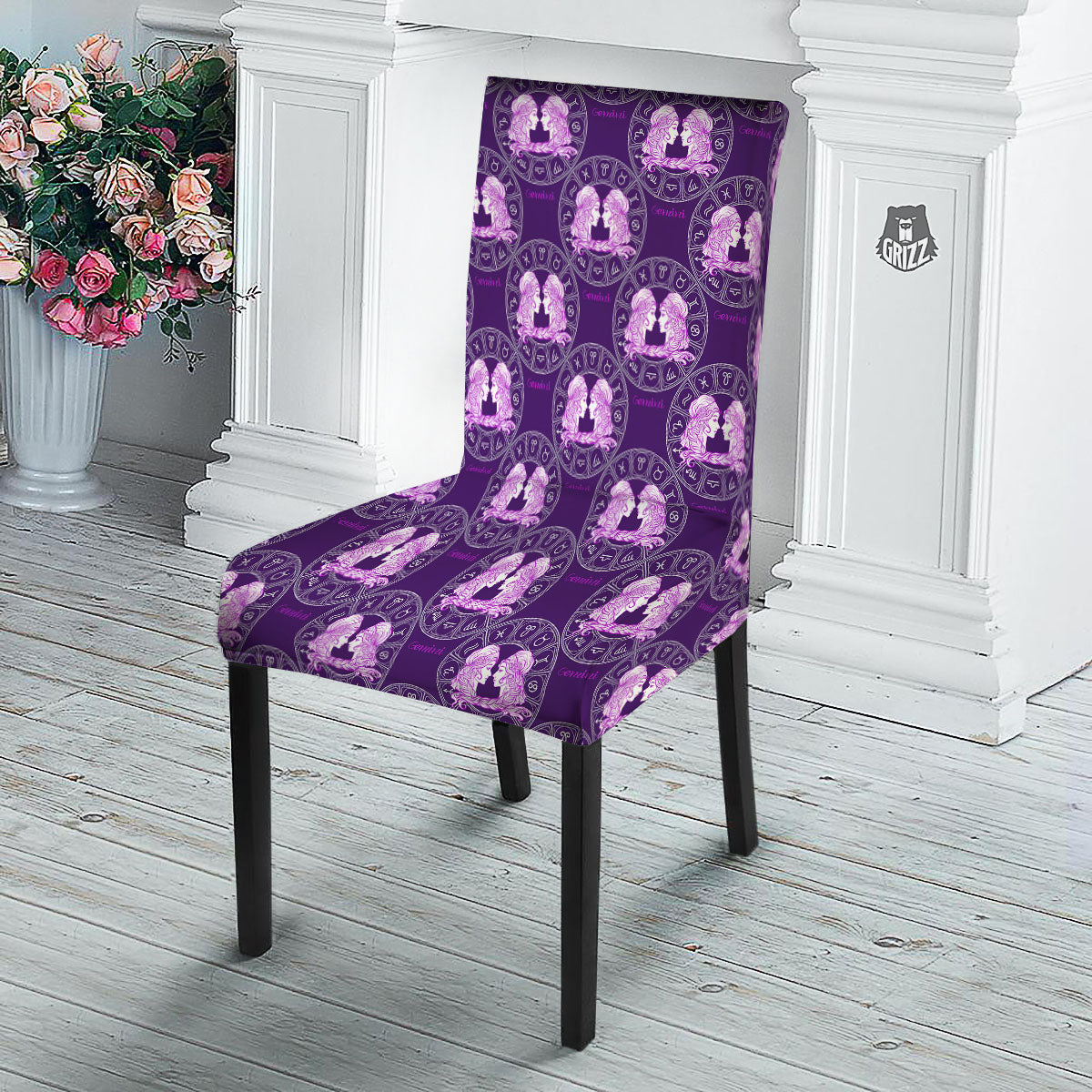 Zodiac Gemini Purple Print Pattern Dining Chair Slipcover-grizzshop