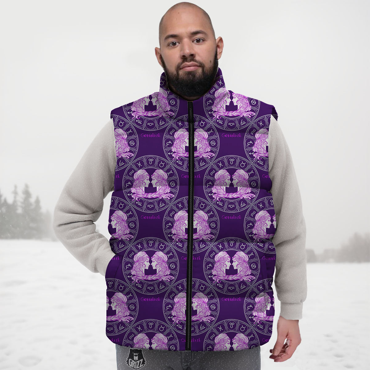 Zodiac Gemini Purple Print Pattern Down Vest