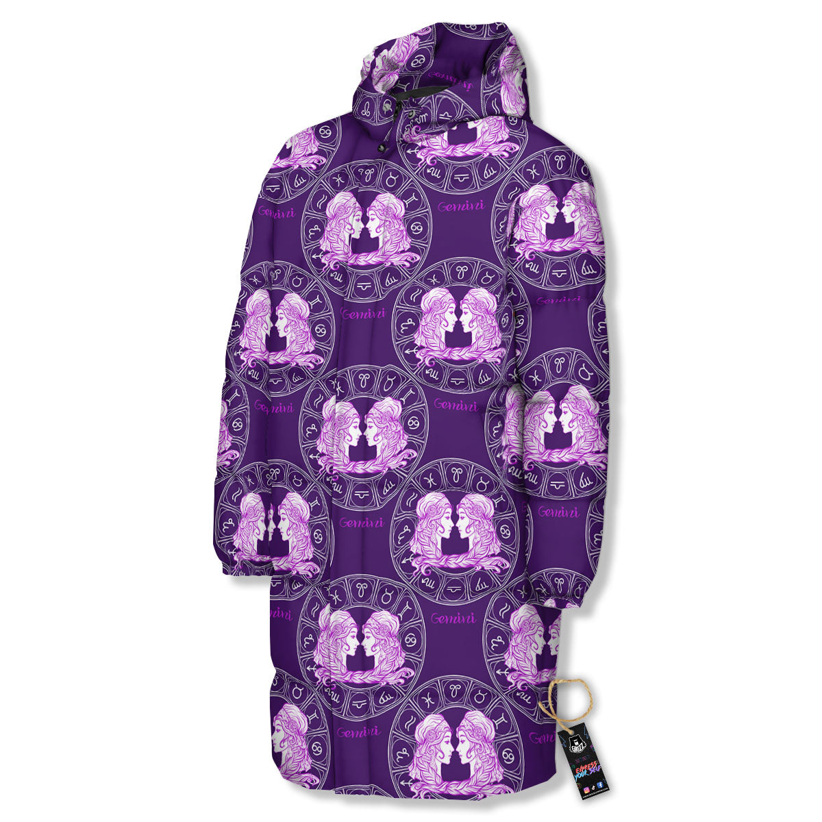 Zodiac Gemini Purple Print Pattern Long Down Jacket-grizzshop