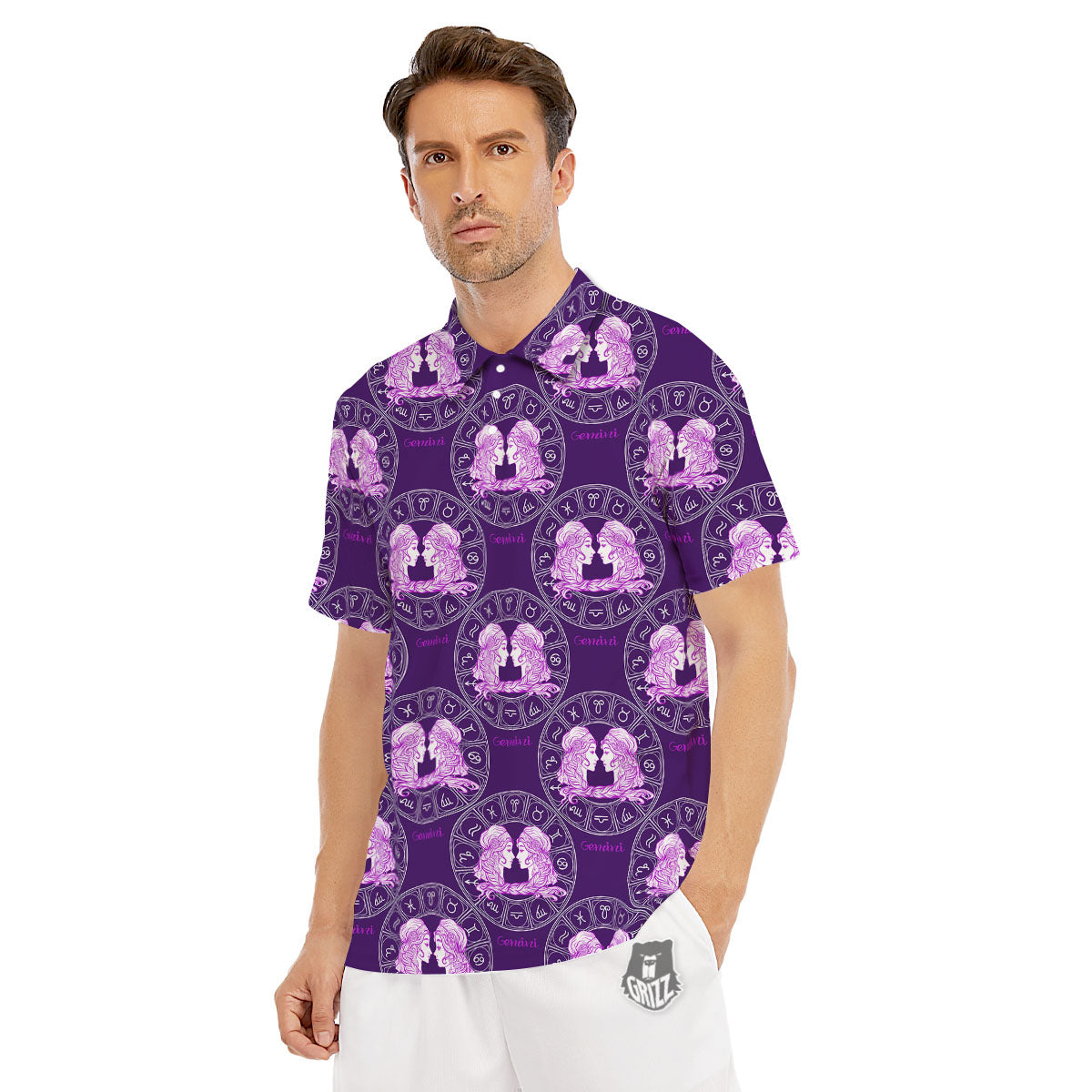 Zodiac Gemini Purple Print Pattern Men's Golf Shirts-grizzshop