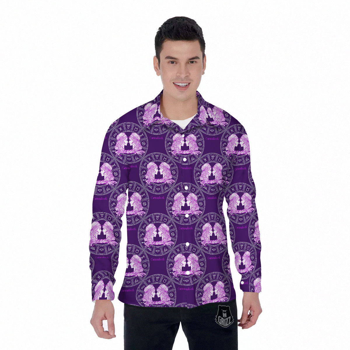 Zodiac Gemini Purple Print Pattern Men's Long Sleeve Shirts-grizzshop