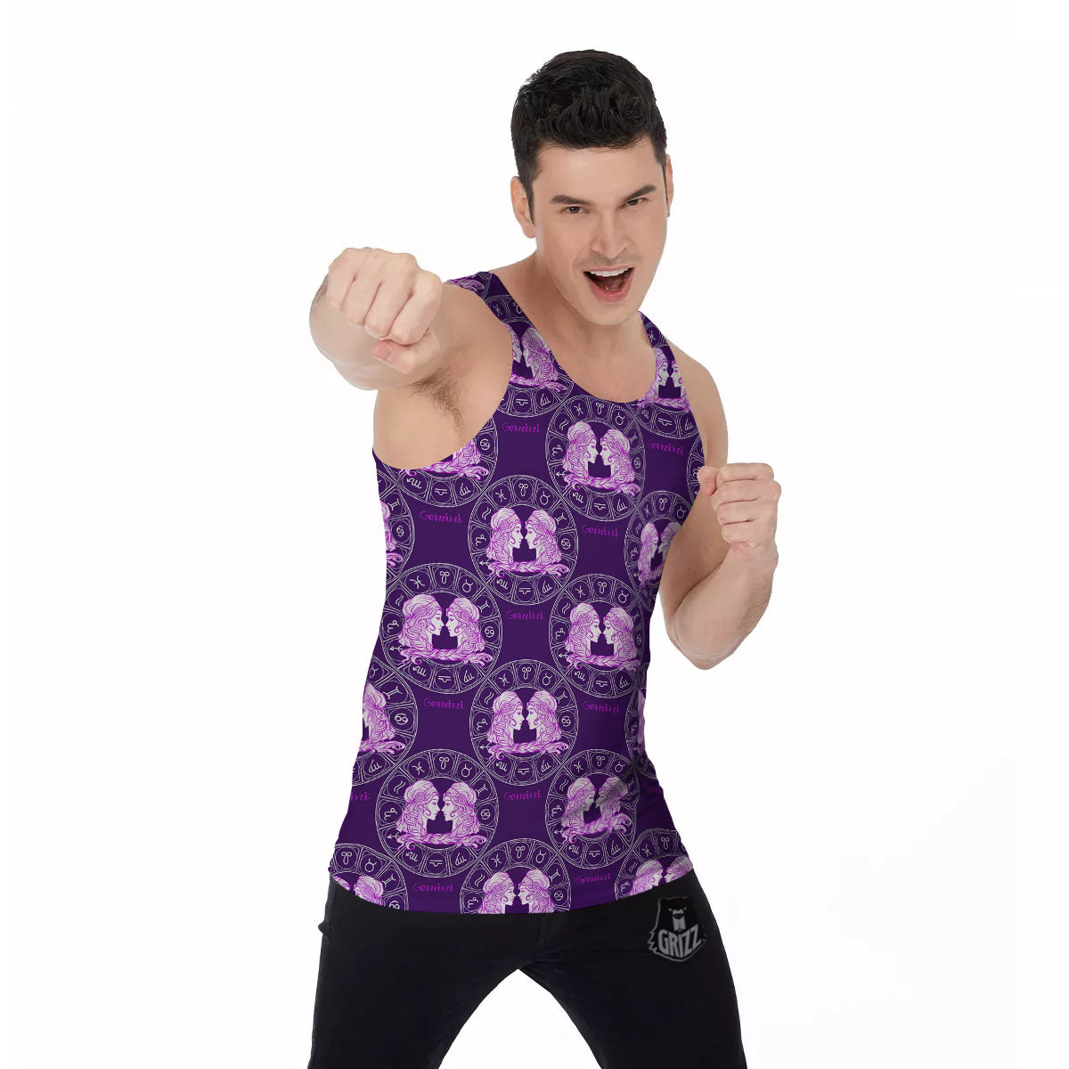 Zodiac Gemini Purple Print Pattern Men's Tank Top-grizzshop