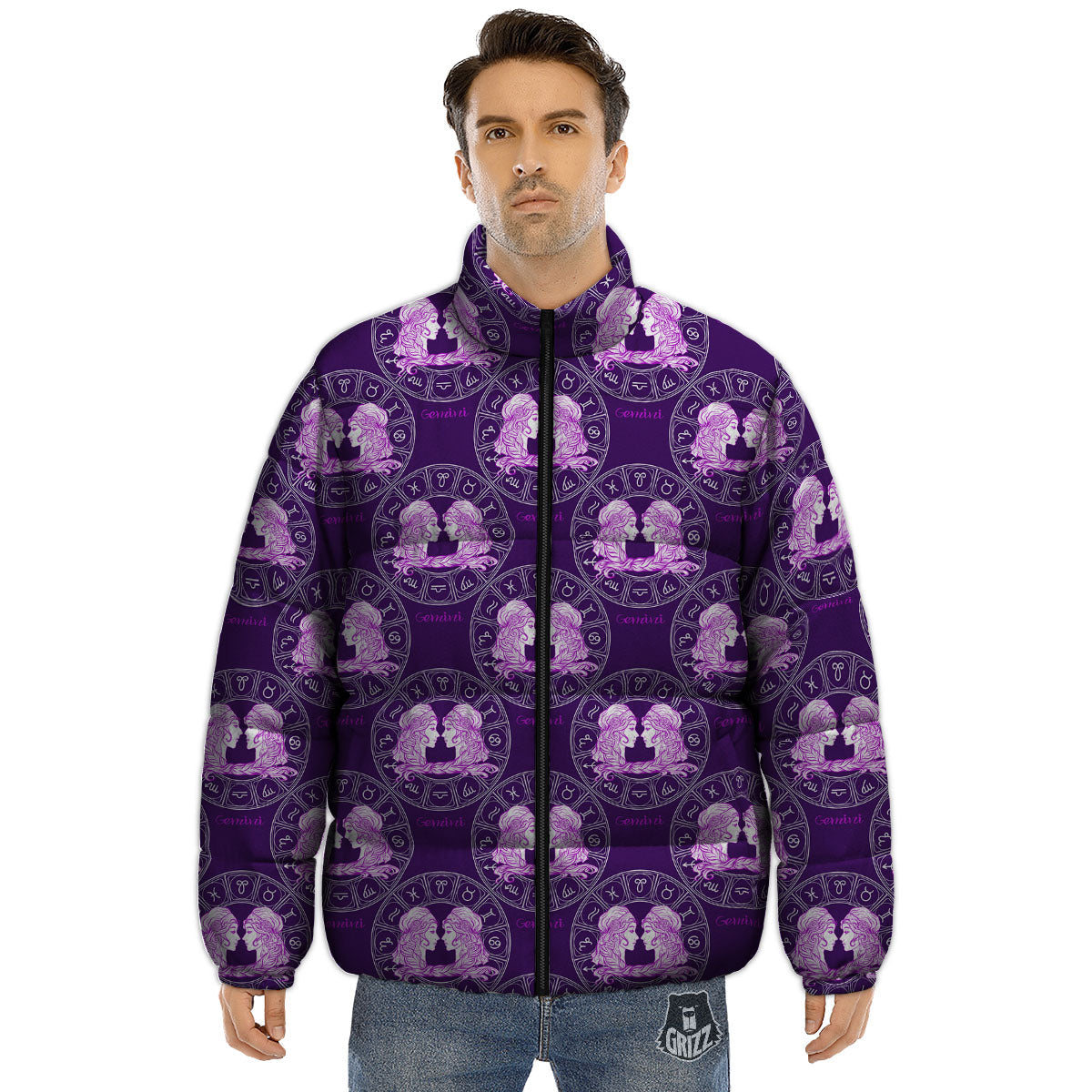 Zodiac Gemini Purple Print Pattern Puffer Jacket-grizzshop