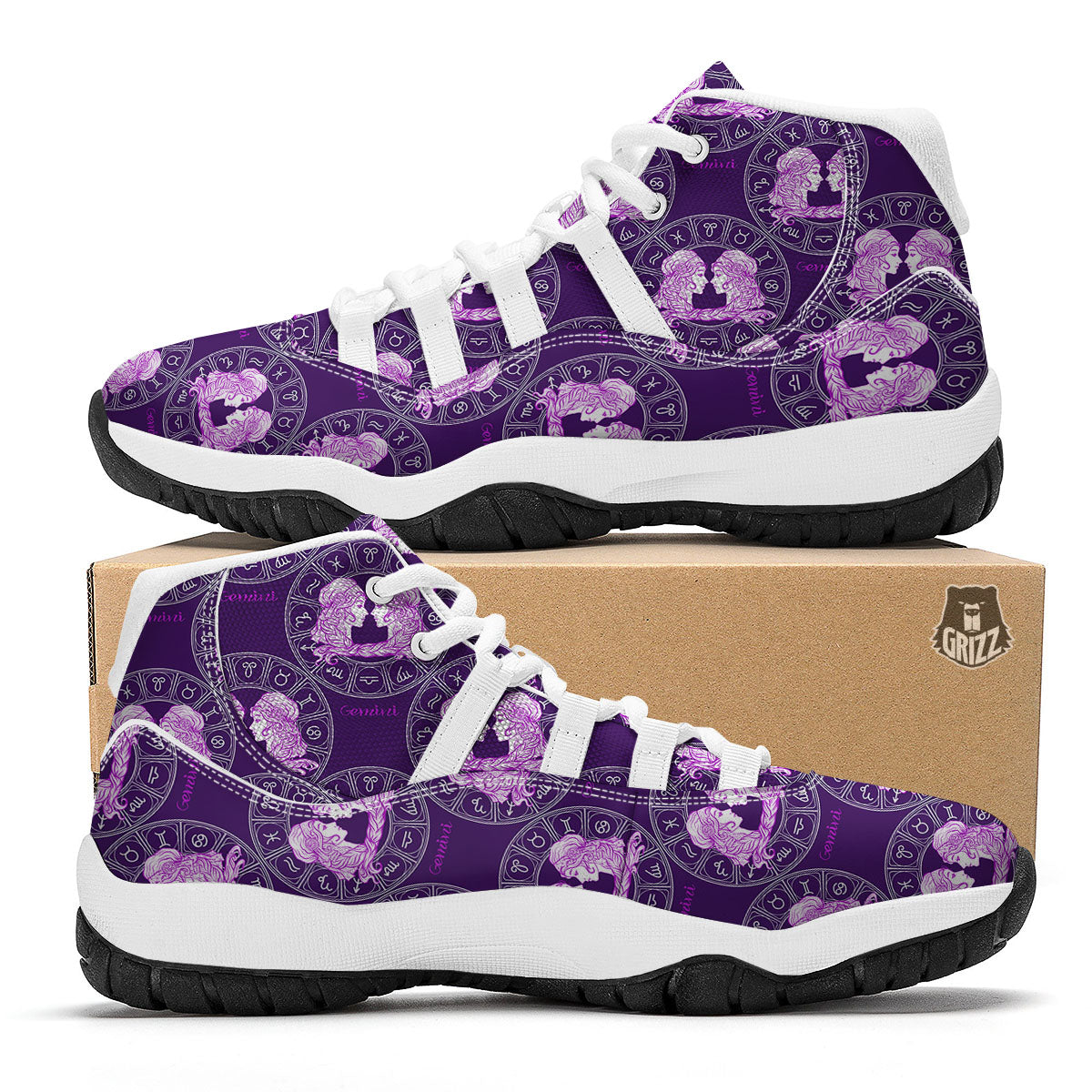 Zodiac Gemini Purple Print Pattern White Bball Shoes-grizzshop