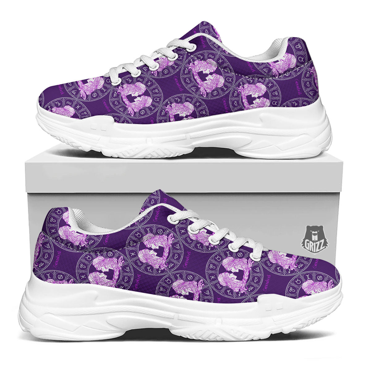Zodiac Gemini Purple Print Pattern White Chunky Shoes-grizzshop