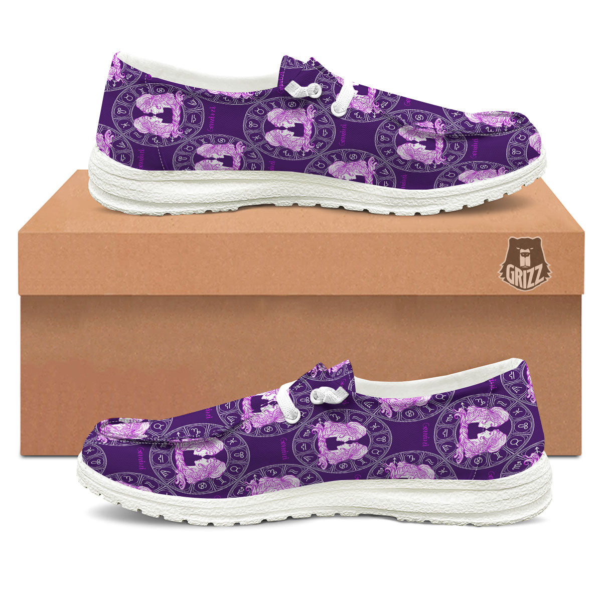Zodiac Gemini Purple Print Pattern White Loafers-grizzshop