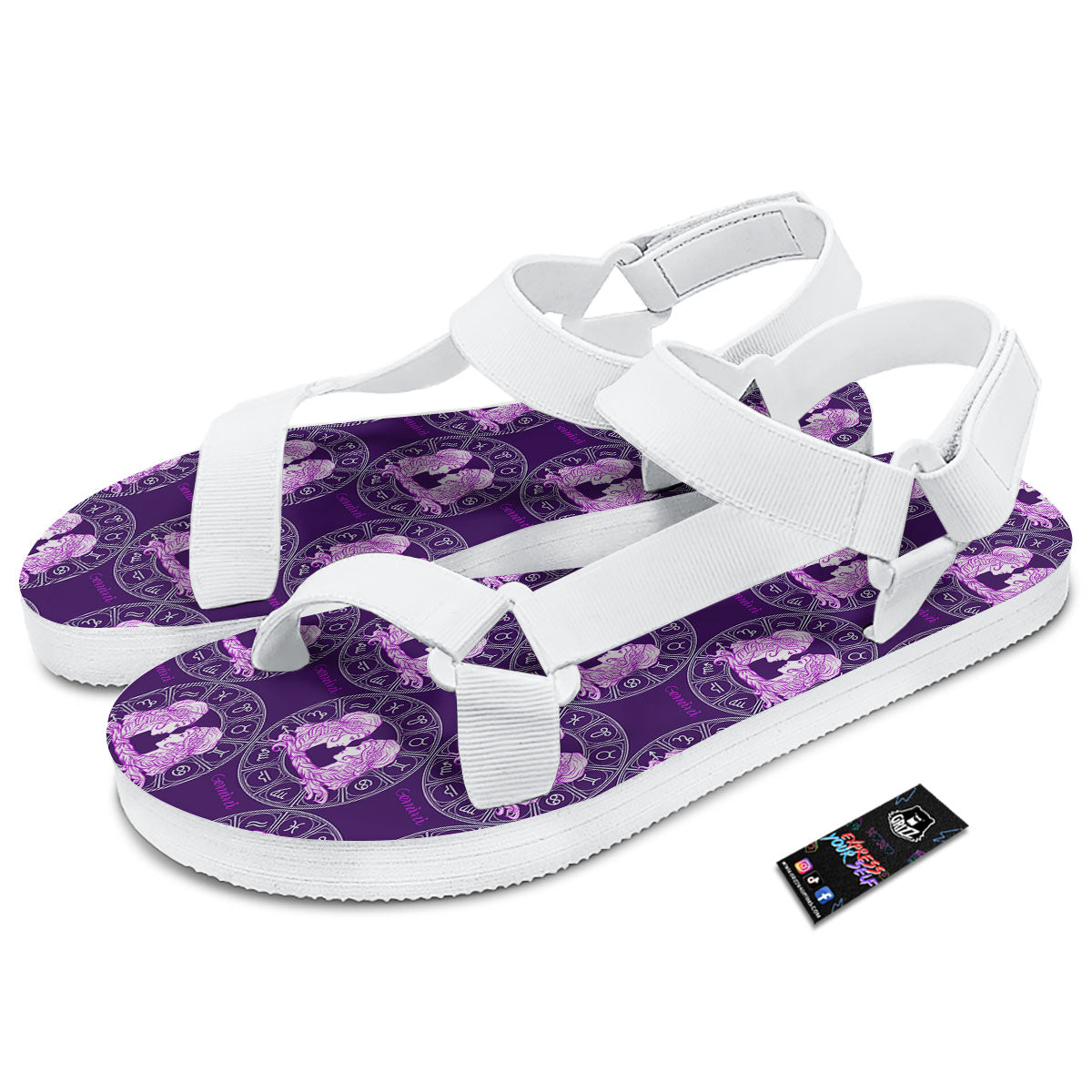 Zodiac Gemini Purple Print Pattern White Open Toe Sandals-grizzshop