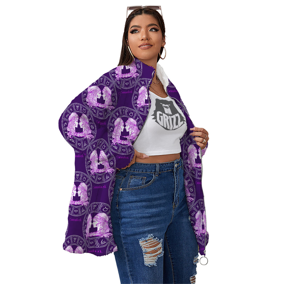 Zodiac Gemini Purple Print Pattern Women's Sherpa Jacket-grizzshop