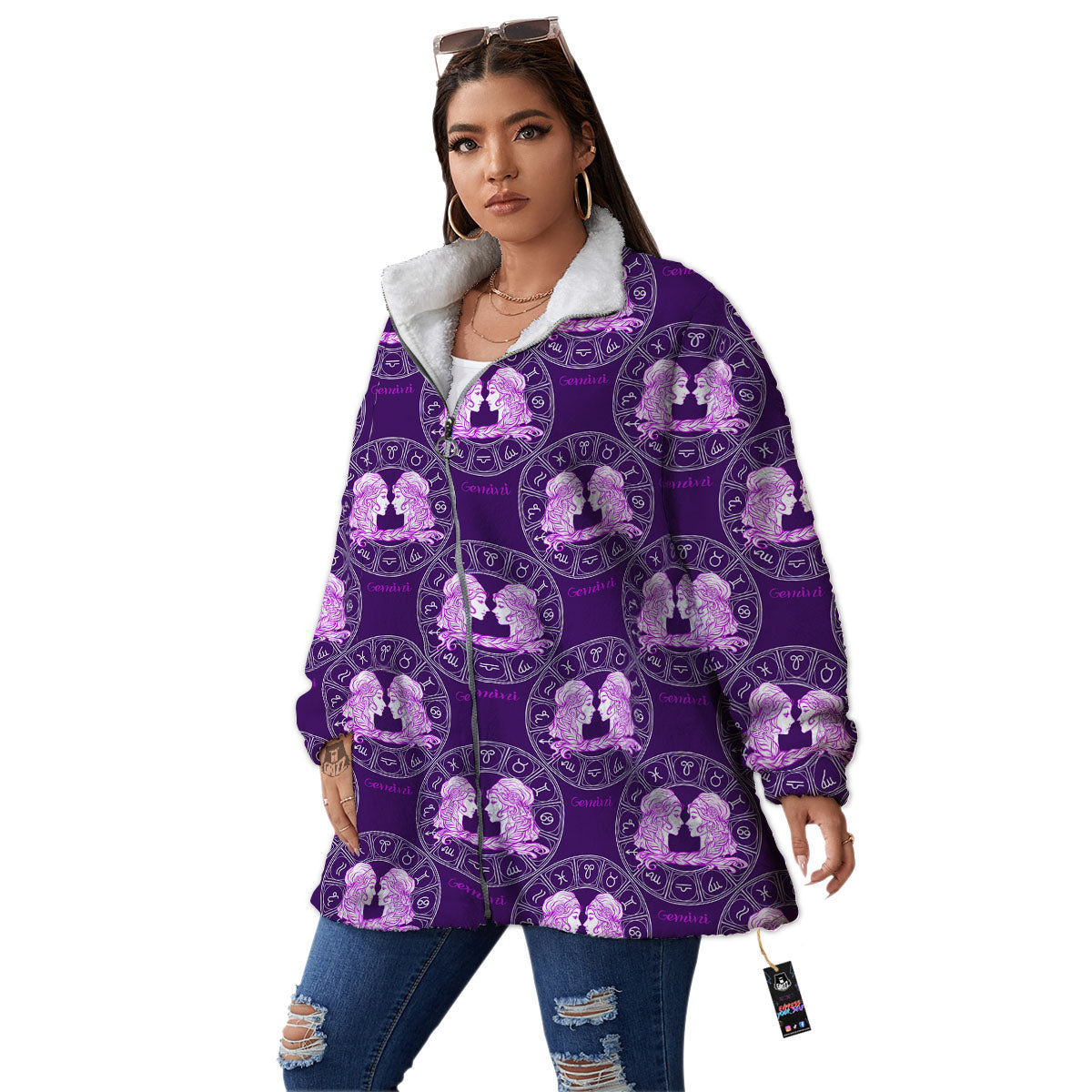 Zodiac Gemini Purple Print Pattern Women's Sherpa Jacket-grizzshop