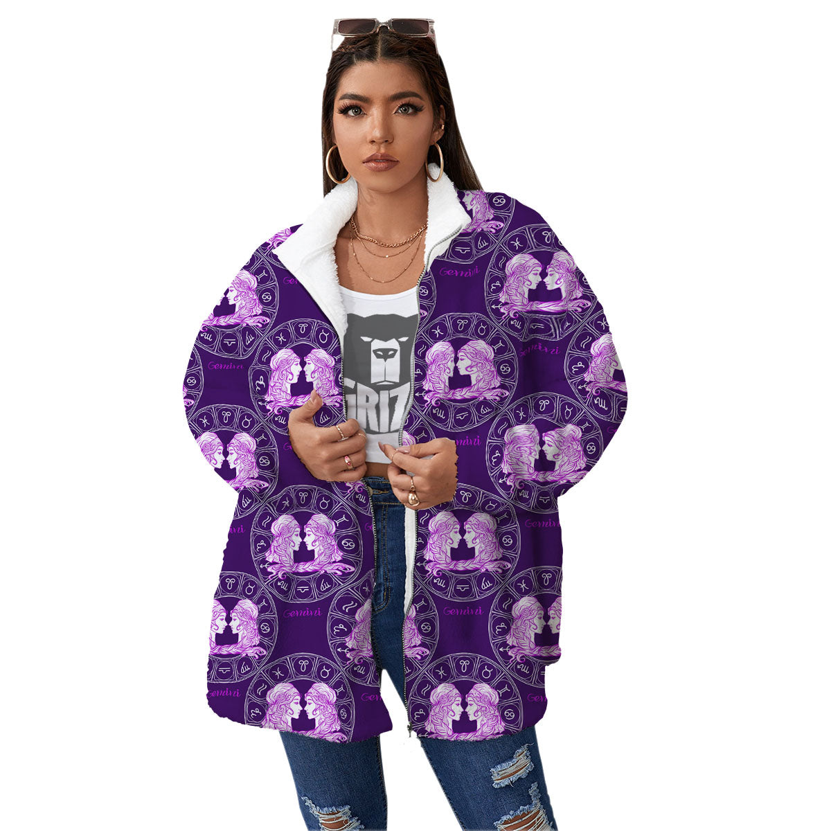 Zodiac Gemini Purple Print Pattern Women's Sherpa Jacket-grizzshop