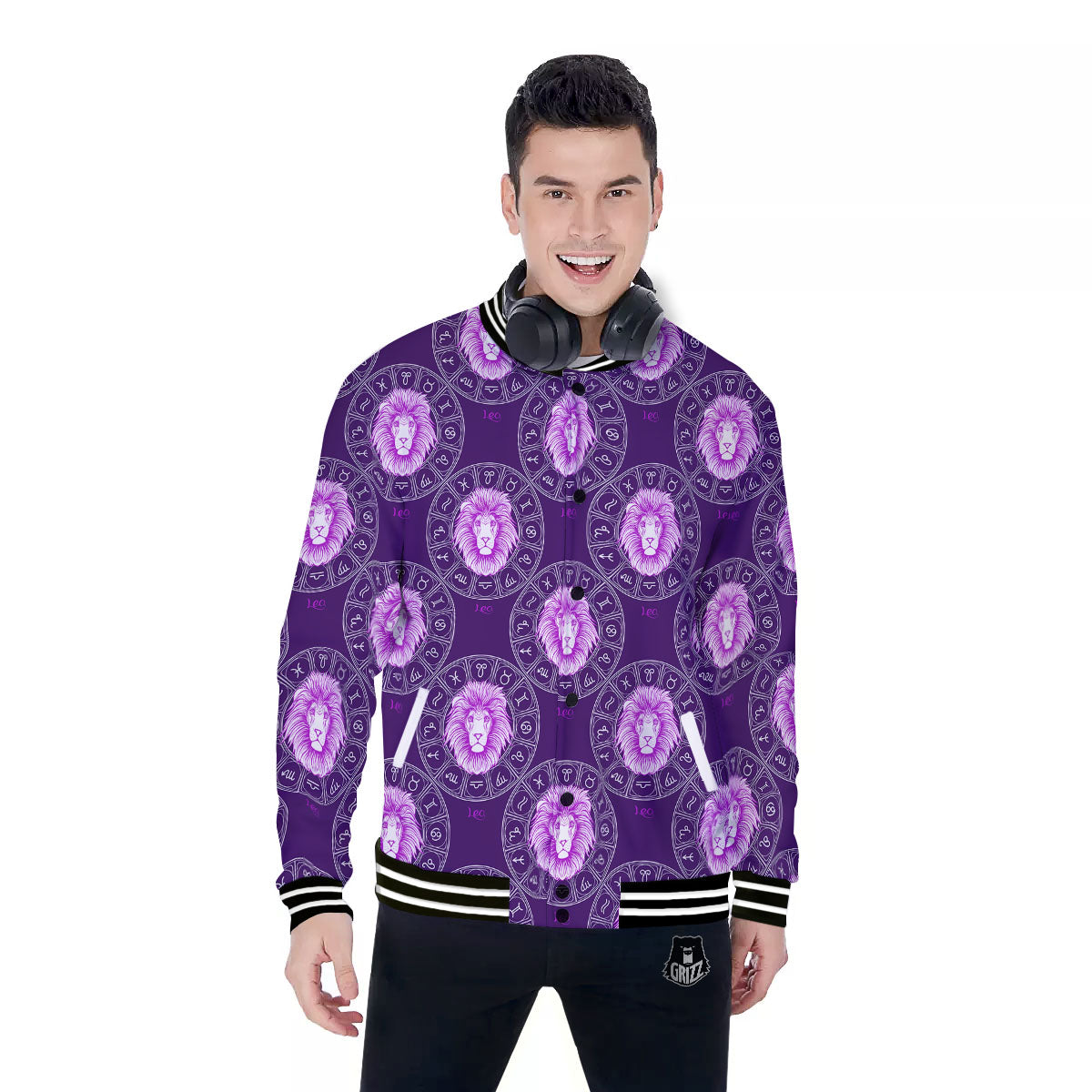 Zodiac Leo Purple Print Pattern Baseball Jacket-grizzshop