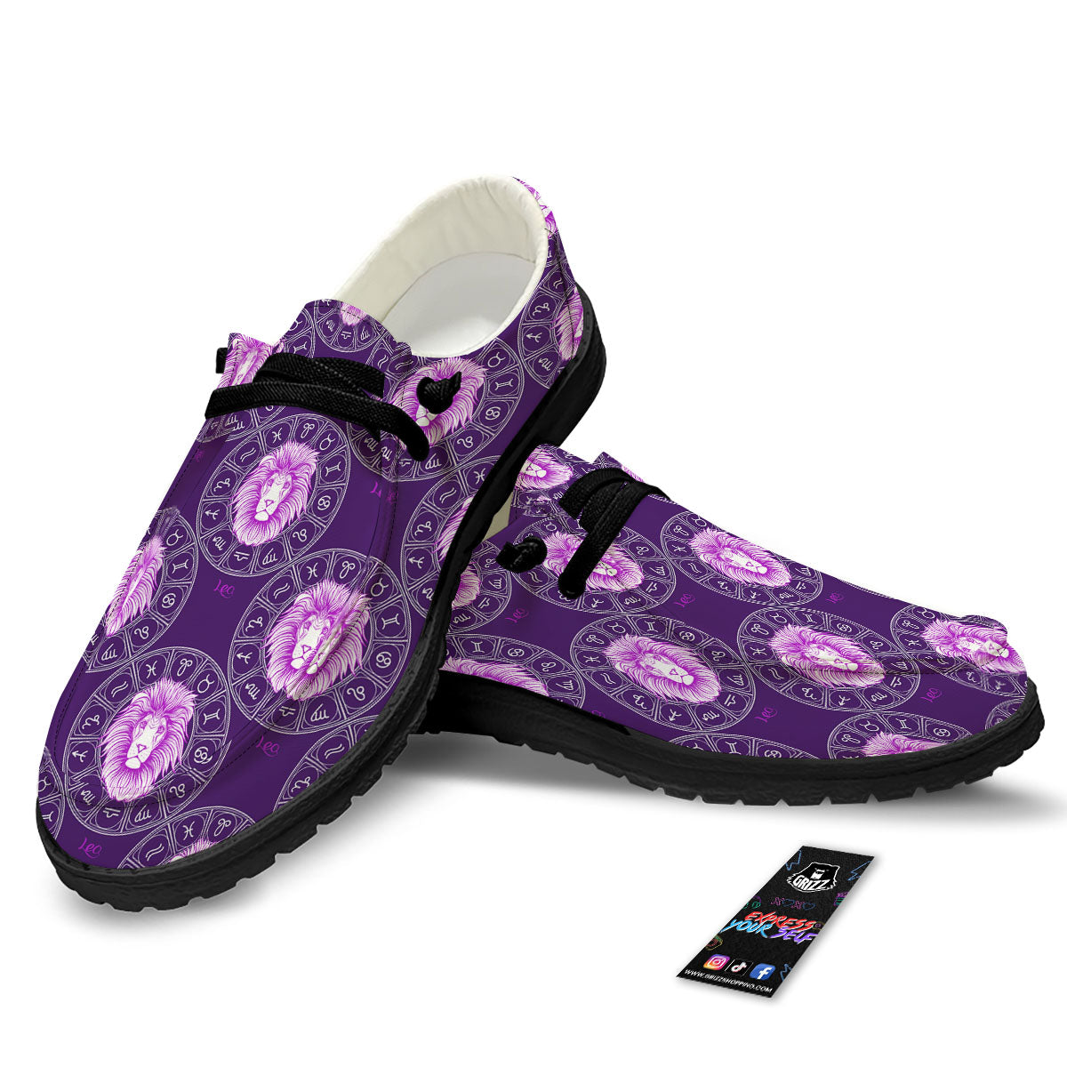 Zodiac Leo Purple Print Pattern Black Loafers-grizzshop