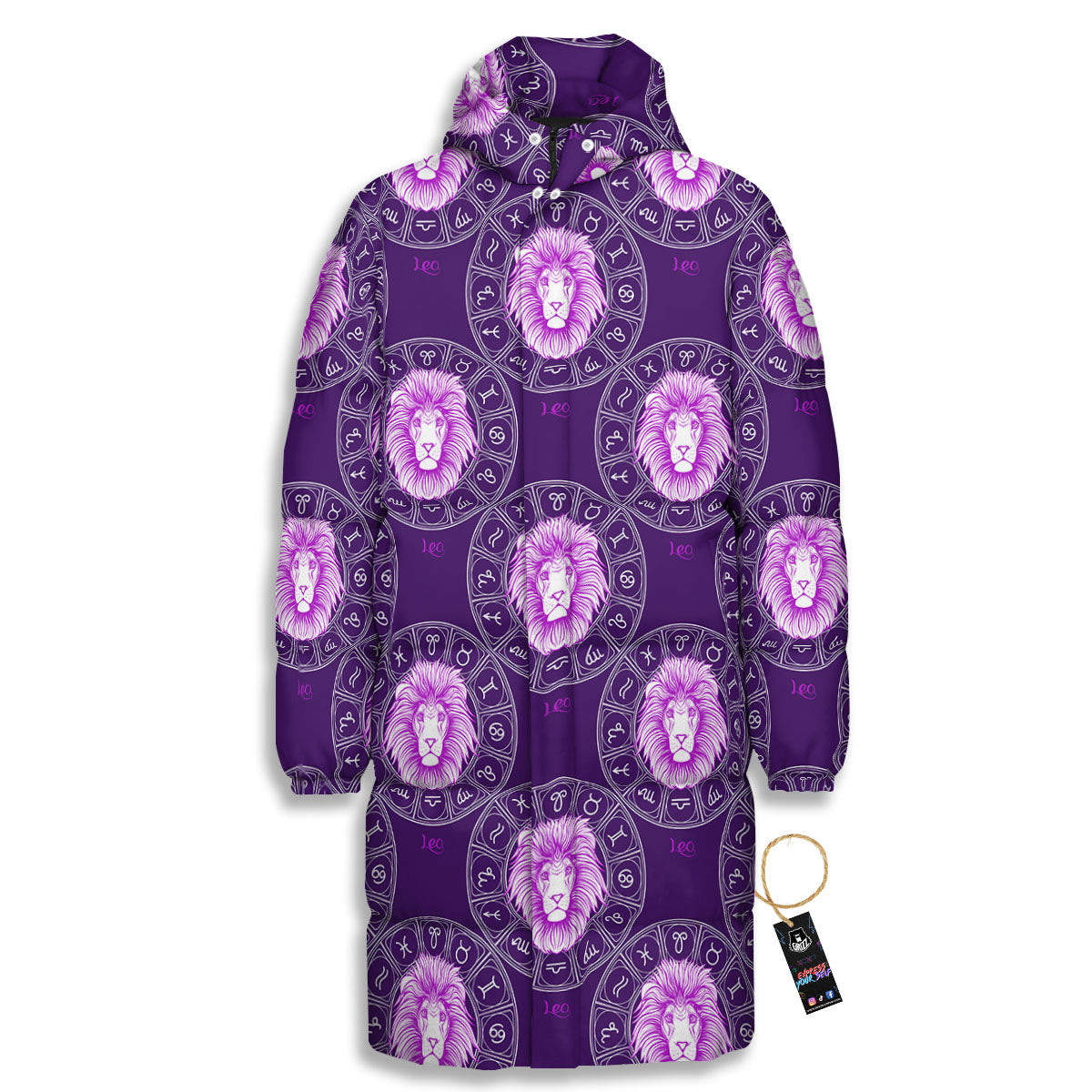 Zodiac Leo Purple Print Pattern Long Down Jacket-grizzshop