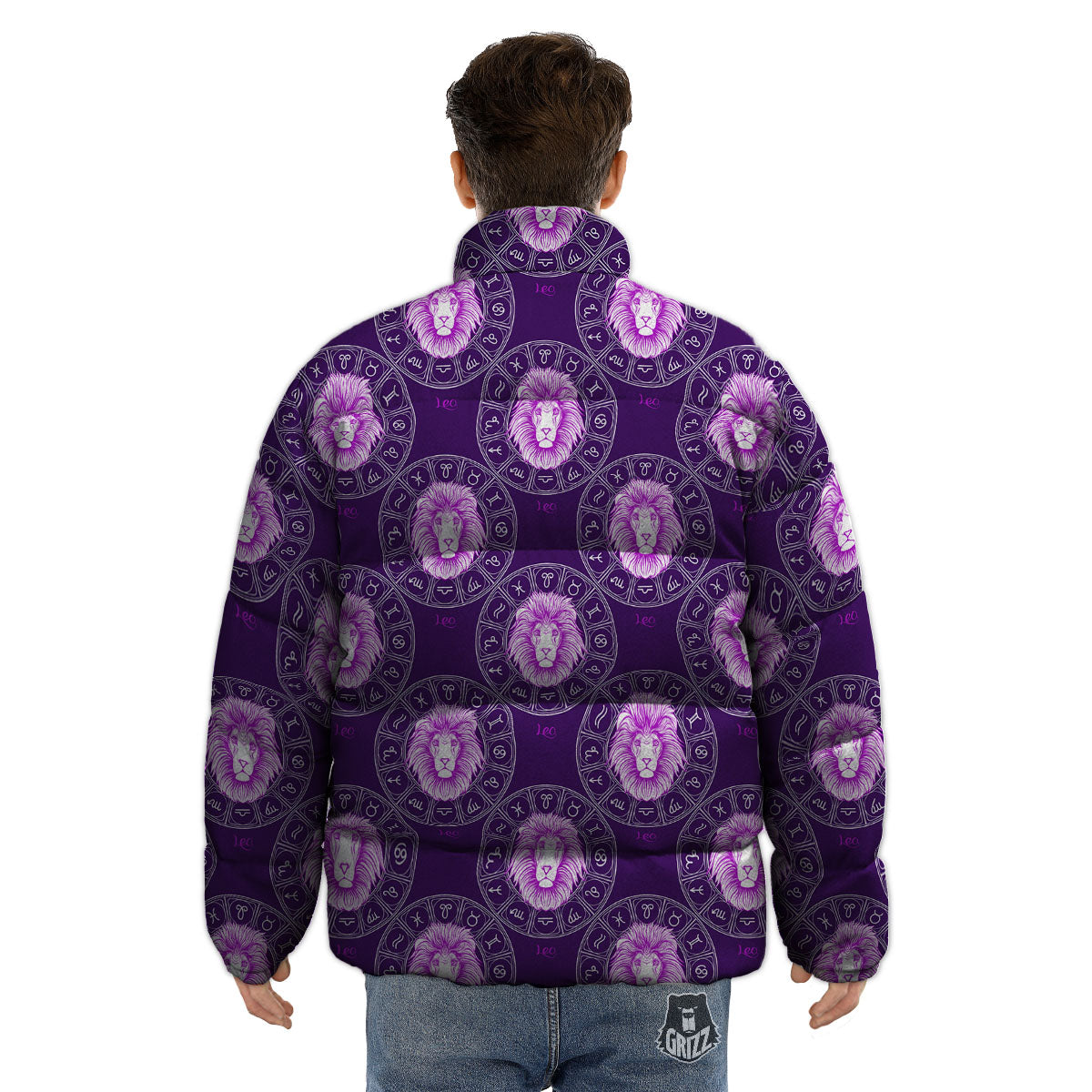 Zodiac Leo Purple Print Pattern Puffer Jacket-grizzshop