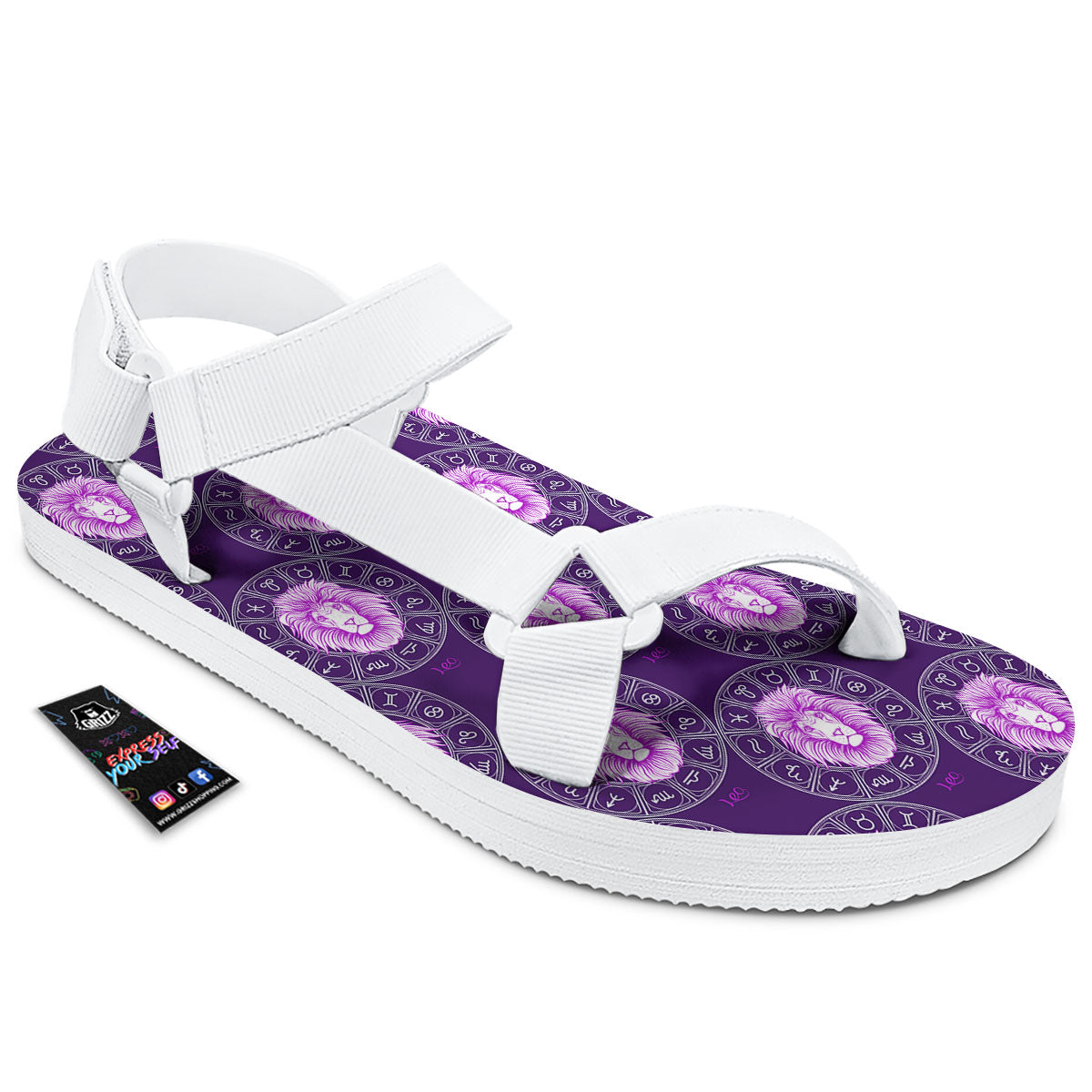 Zodiac Leo Purple Print Pattern White Open Toe Sandals-grizzshop