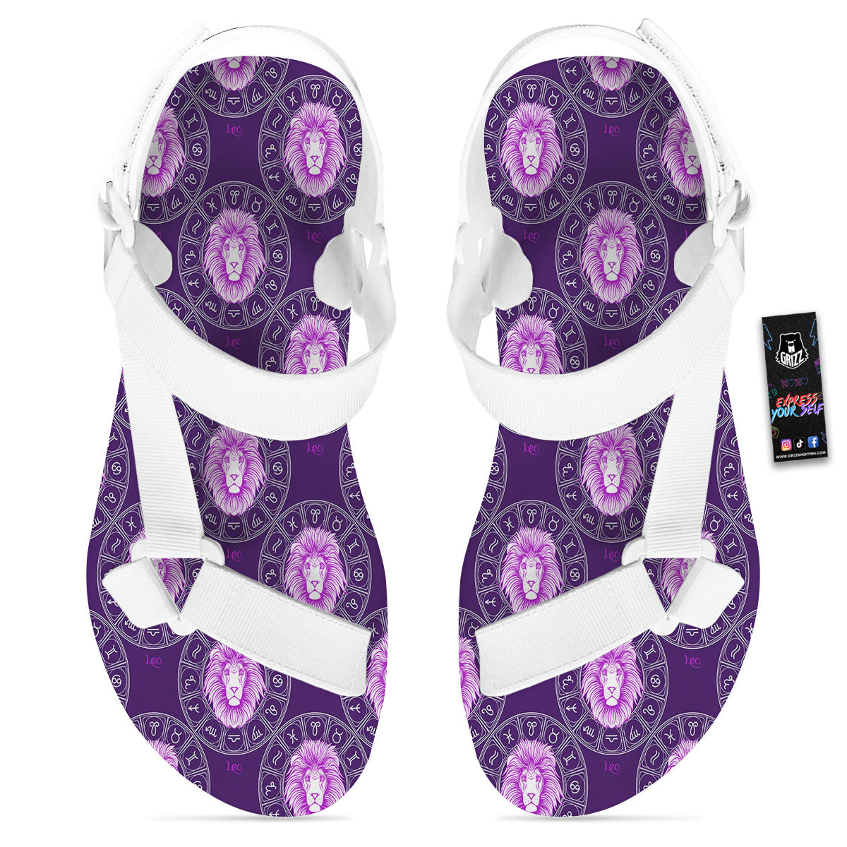 Zodiac Leo Purple Print Pattern White Open Toe Sandals-grizzshop