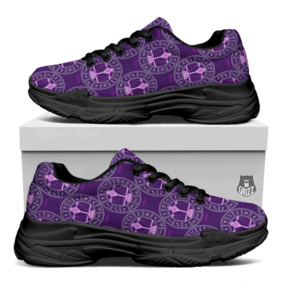 Zodiac Libra Purple Print Pattern Black Chunky Shoes-grizzshop