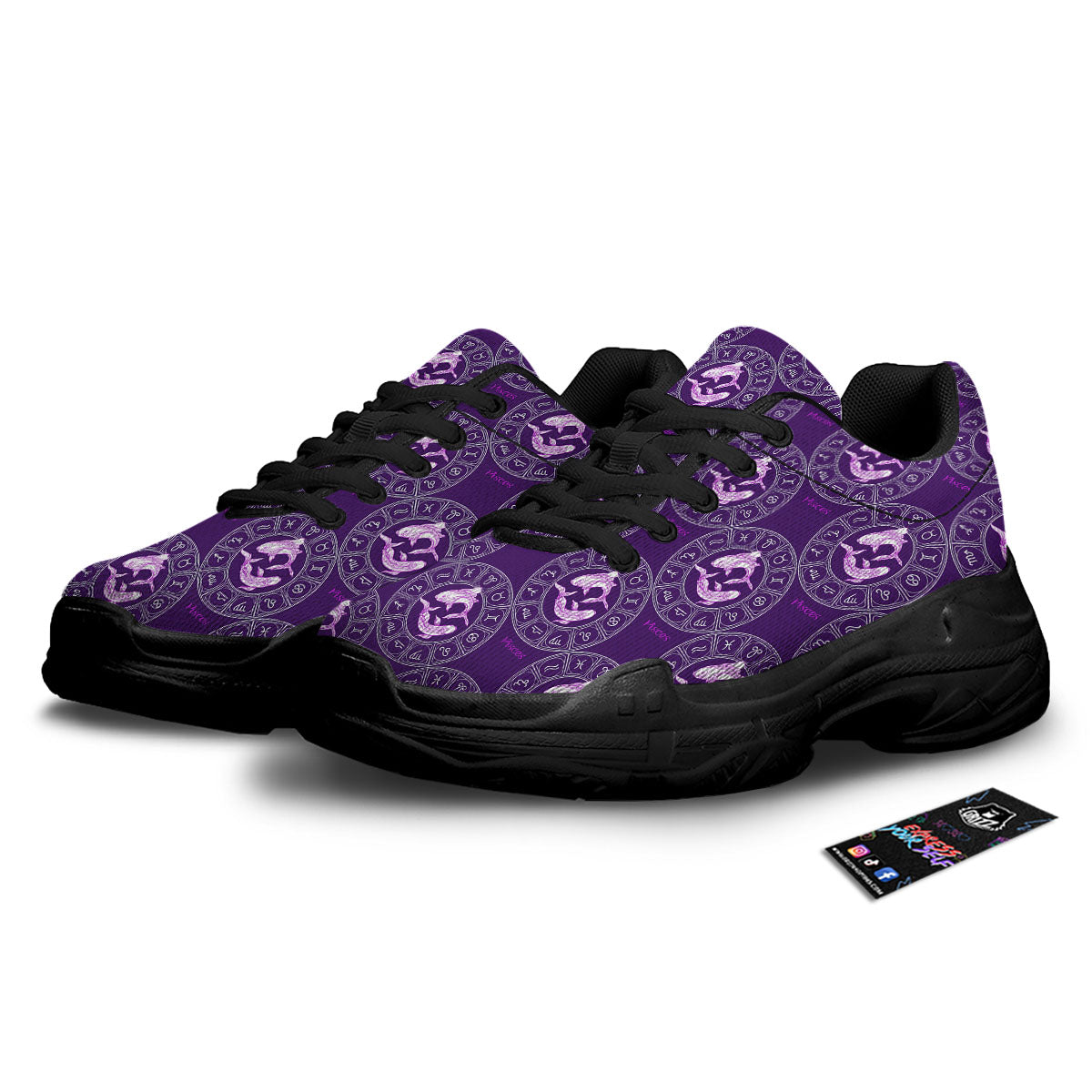 Zodiac Pisces Purple Print Pattern Black Chunky Shoes-grizzshop