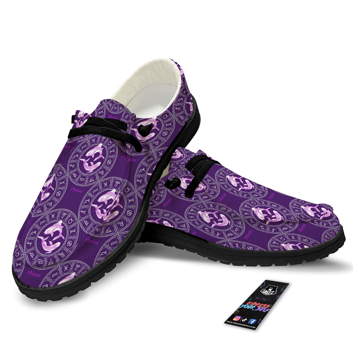 Zodiac Pisces Purple Print Pattern Black Loafers-grizzshop