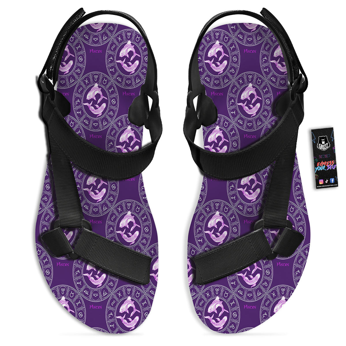 Zodiac Pisces Purple Print Pattern Black Open Toe Sandals-grizzshop