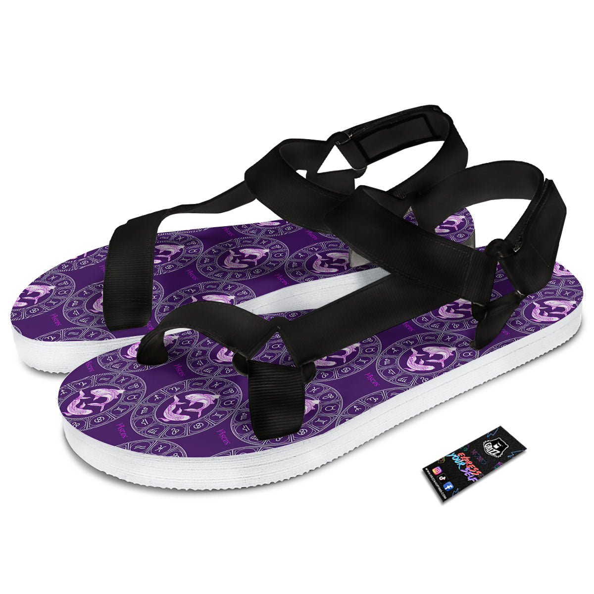 Zodiac Pisces Purple Print Pattern Black Open Toe Sandals-grizzshop