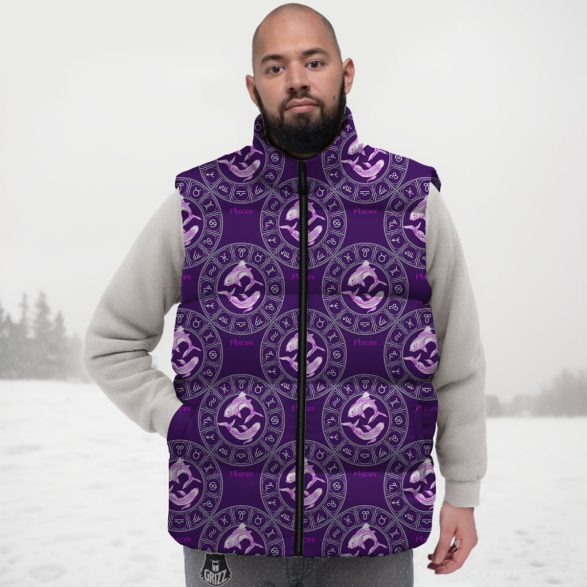 Zodiac Pisces Purple Print Pattern Down Vest