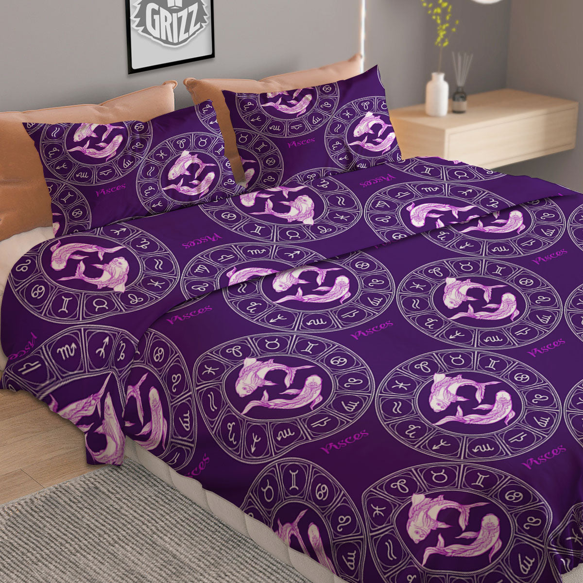 Zodiac Pisces Purple Print Pattern Duvet Cover Bedding Set