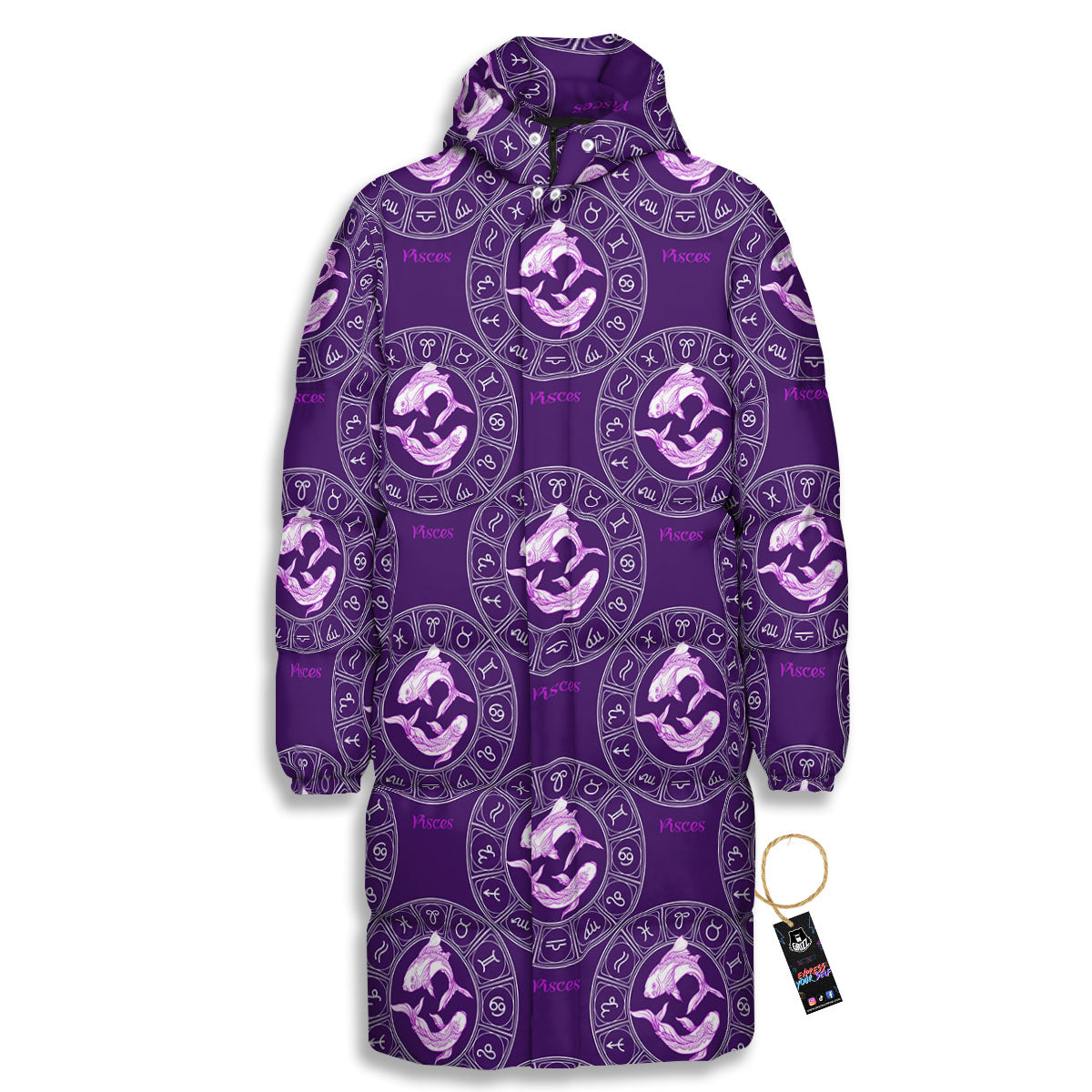 Zodiac Pisces Purple Print Pattern Long Down Jacket-grizzshop