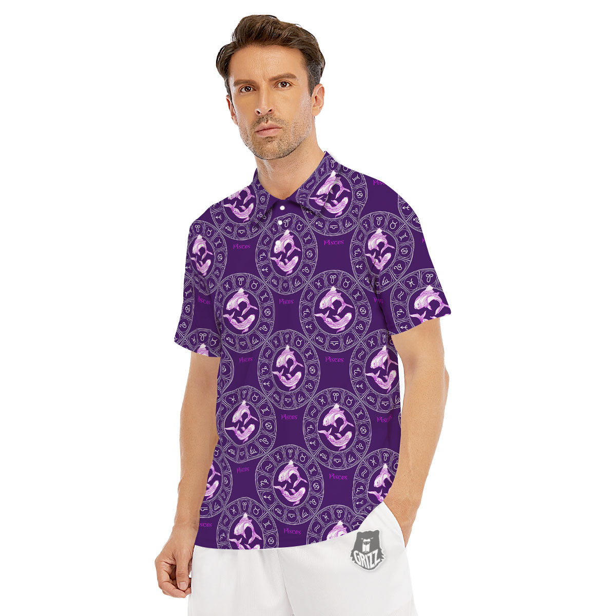 Zodiac Pisces Purple Print Pattern Men's Golf Shirts-grizzshop