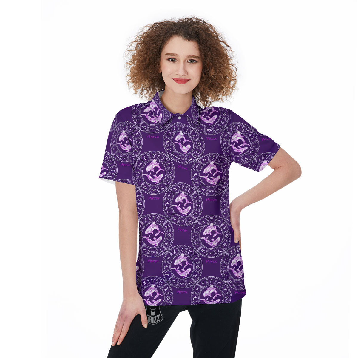 Zodiac Pisces Purple Print Pattern Women's Golf Shirts-grizzshop